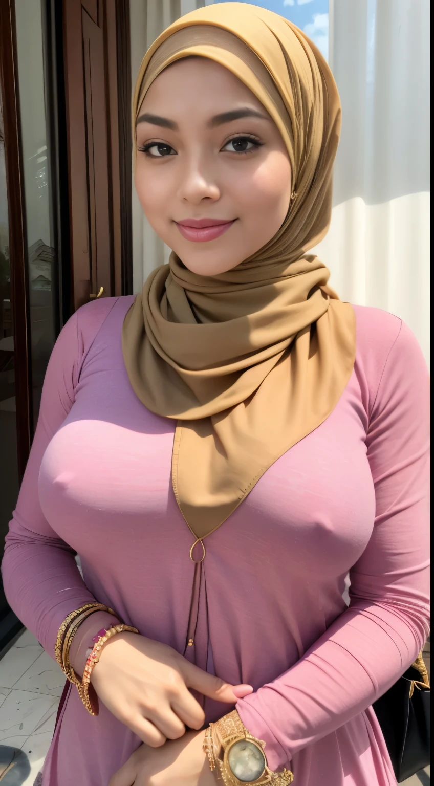 A woman wearing a hijab and a watch standing in front of a building ...