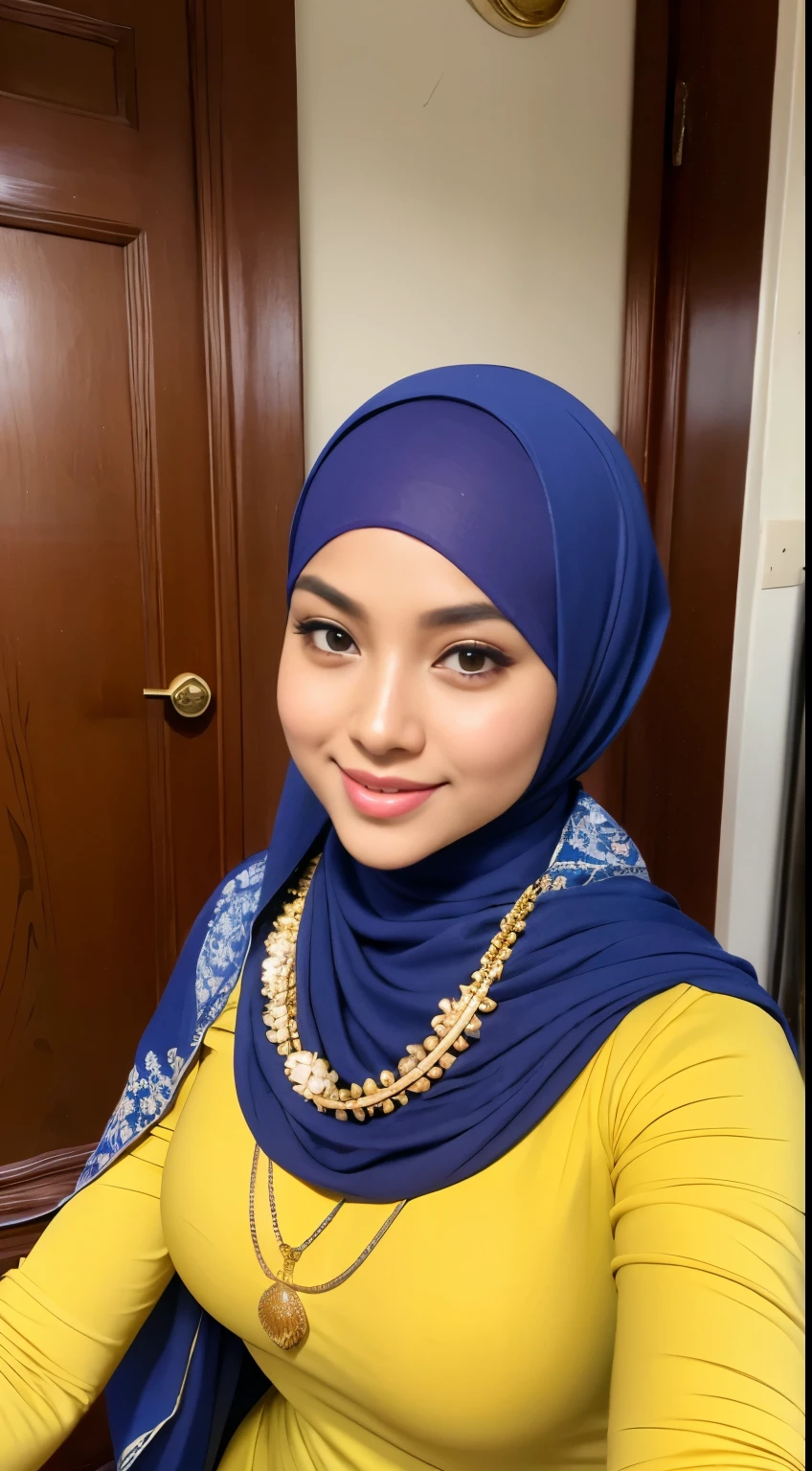 RAW, Best quality, high resolution, masterpiece: 1.3), beautiful Malay woman in hijab,Masterpiece, perfect fit body, ((Huge breast)), erected nipple, big gorgeous eyes, Soft smile,muslim woman in a plain long sleeve shirt and hijab posing for a picture, hijab, with lovely look, with beautiful colors, with accurate face, pose 4 of 1 6, traditional beauty, batik, wearing beautiful clothes, beutifull, with beautiful exotic, attractive pose, cute pose, scarf, wearing plain chiton, very attractive , she is smiling,Delicate turtleneck, necklace, shairband, afternoon walk, City garden, Excellent lighting, Bright colors, Clean lines