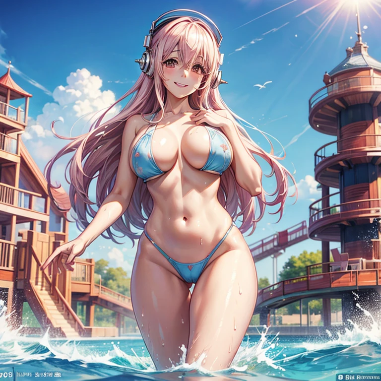 super sonico , High Quality , Good hands , perfect face , big boobs , Standing split leg , 18 years old , 8k Wallpaper , smile , naked , Water park , show pussy , 85mm
