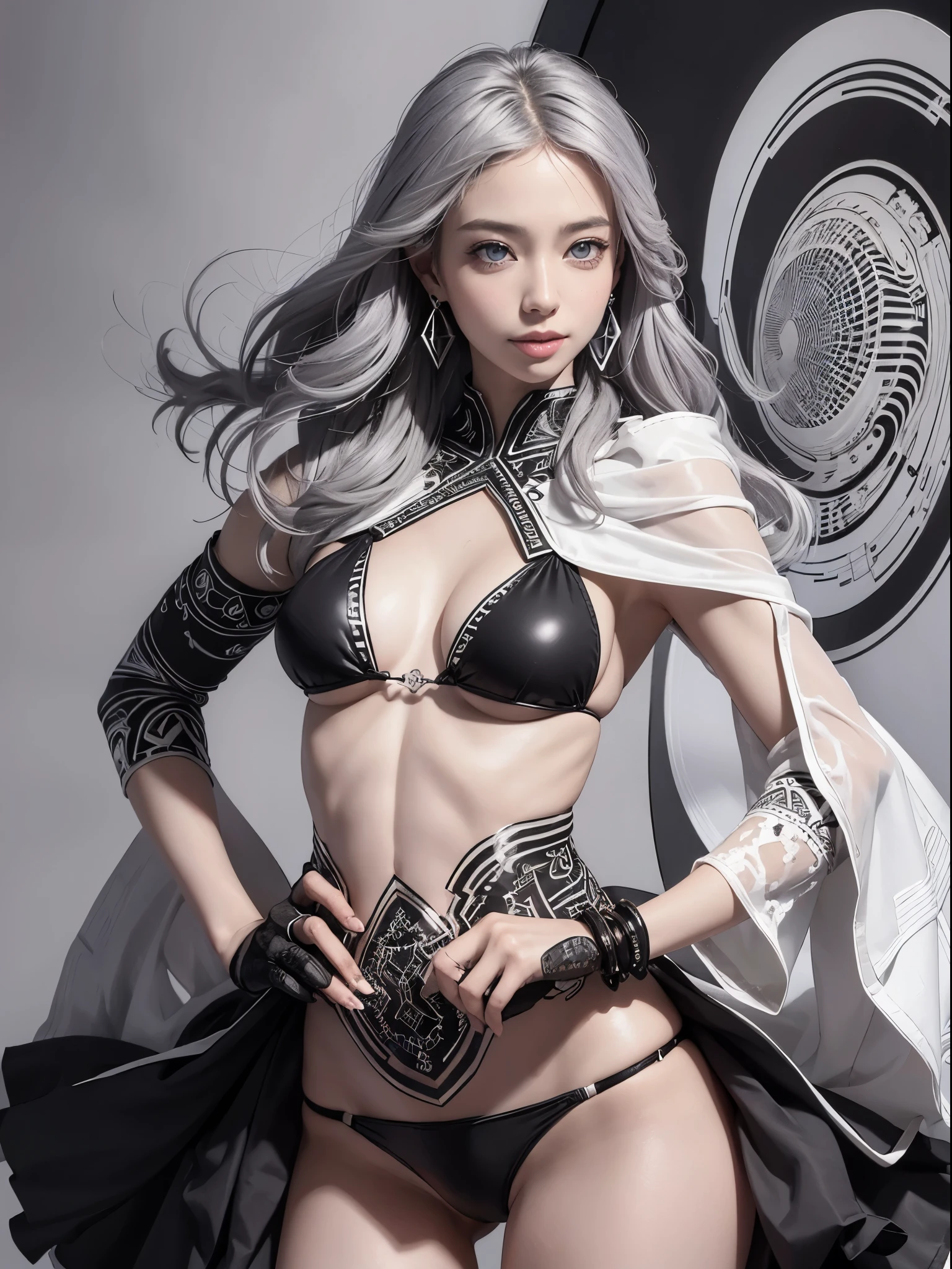 (Realistic:1.8), (Digital art:0.2), (Geometric art:1.7),(agpi official art, beautiful and aesthetic, ultra detailed, beautiful, masterpiece, best quality:1.6), (1girl:1.2), Detailed face, Detailed eyes, Detailed hair, young fingers, Detailed fingers, five fingers, BREAK cute ig model, Japanese cute model, 22 years old, Tightened all body, small head, small face, small mouth, diamond Face, small nose, Sharp Faceline, (dropy eyes, Double eyelid, Light color eyes, Glossy eyes, Shiny eyes:1.2), Shiny skin, shiny hair, (gray hair:1.2),
_
BREAK (happy, smile, Teeth, Glossy Lip:1.2),beautiful Teeth, (all body:1.5), focus Sneaker,
_
BREAK (geometrical pattern:1.3), (layered black micro-bikini over a white micro-bikini:1.4),(Detailed swimsuit:1.2) (black:1.2, White:0.8),
BREAK (high-tech boots-inspired sneakers:1.2),
BREAK (Simple silver accessories:1.2), (Simple large silver earrings:1.2), (Simple silver bracelet:1.2), (Simple silver anklet:1.2),
BREAK (standing and Hands on Hips:1.3),
BREAK (futuristic white background:1.2),
