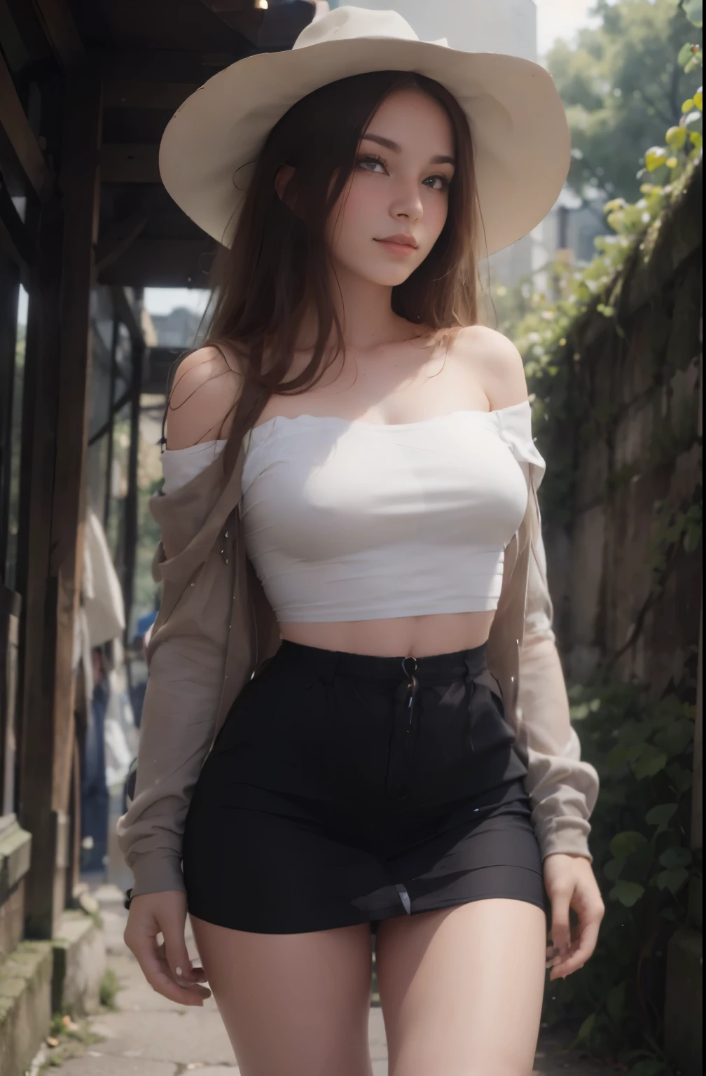 (8k, RAW photo, best quality, mastery:1.3), (realistic, photo-realistic:1.37), (looking viewer:1.331), (brunette hair), posing raunchy Seductively, Side view, Standing against a wall, vintage street, horse at background, fantasy city, soft light, 1girl, full body, beautiful thighs, extremely beautiful face , Perfect body proportions, (small face: 1.1), bust, casual hairstyle, smile, big eyes, (off-shoulder slip mini skirt, cowboy hat, boots), mix4, detailed eyes