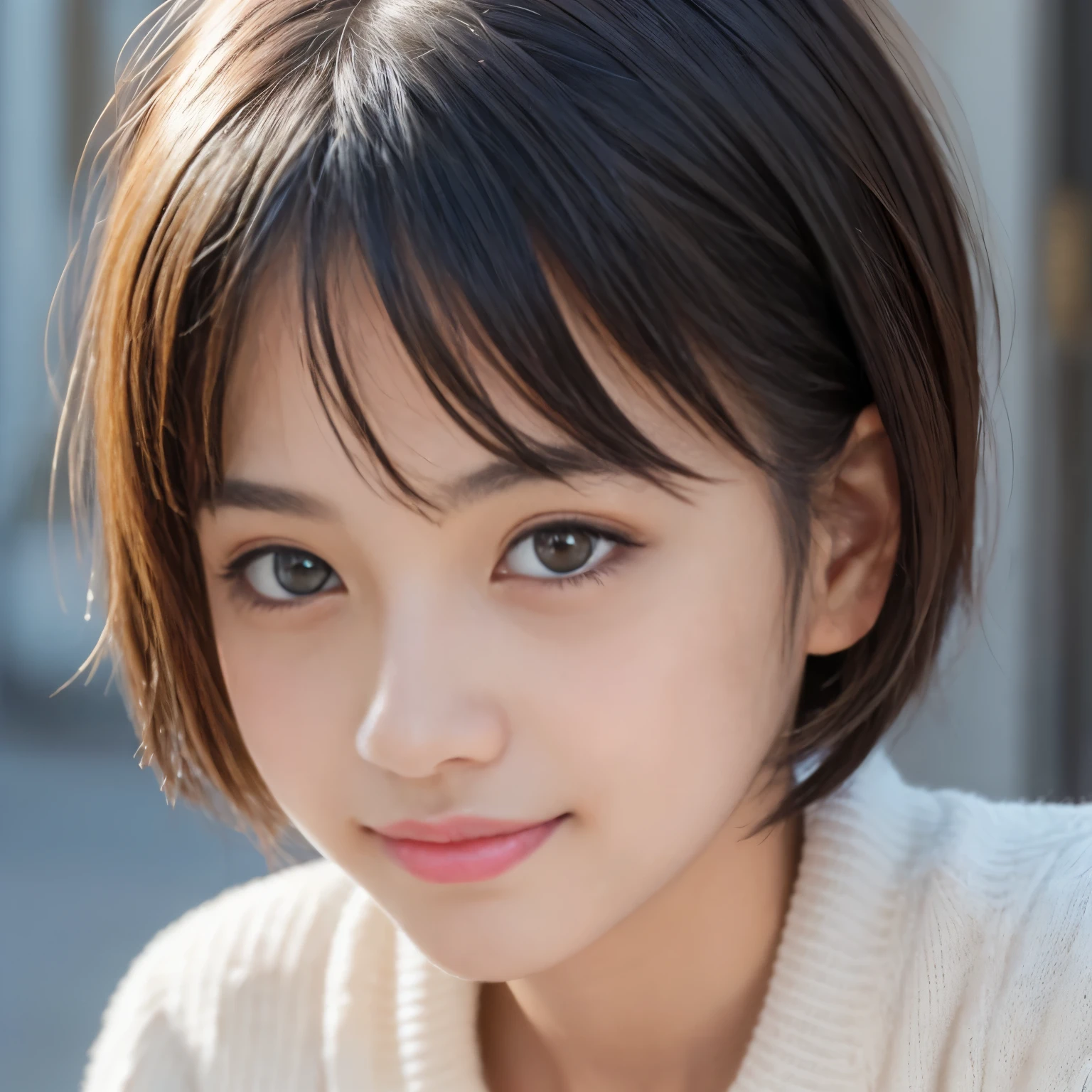 ((Best-quality, Masterpiece, Ultra-High-Resolution, (Photorealistic:1.4), Raw-Photo, Extremely-Details, Perfect-Anatomy)), 1girls, 12-years-old, the most popular Japanese idol, innocent smile, extremely cute and childish face like a most famous Japanese idol, extremely beautiful big-black-solid-eyes, extremely beautiful black-short-cut-haired, extremely beautiful lips, extremely beautiful long-eyelashes, (extremely beautiful realistic-skins, wearing only loose-sweater, portrait, selfie