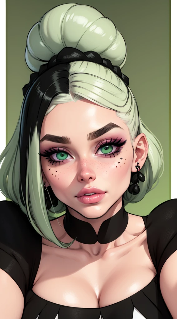 Cara de mujer, piel blanca rosada con pecas, ojos grandes y rasgados color verde, lined eyes and makeup eyelids, small-nose, labios gruesos color rojo, mejillas delgadas con hoyos, large cheekbones, defined chin with chin dimple, cabello corto color negro