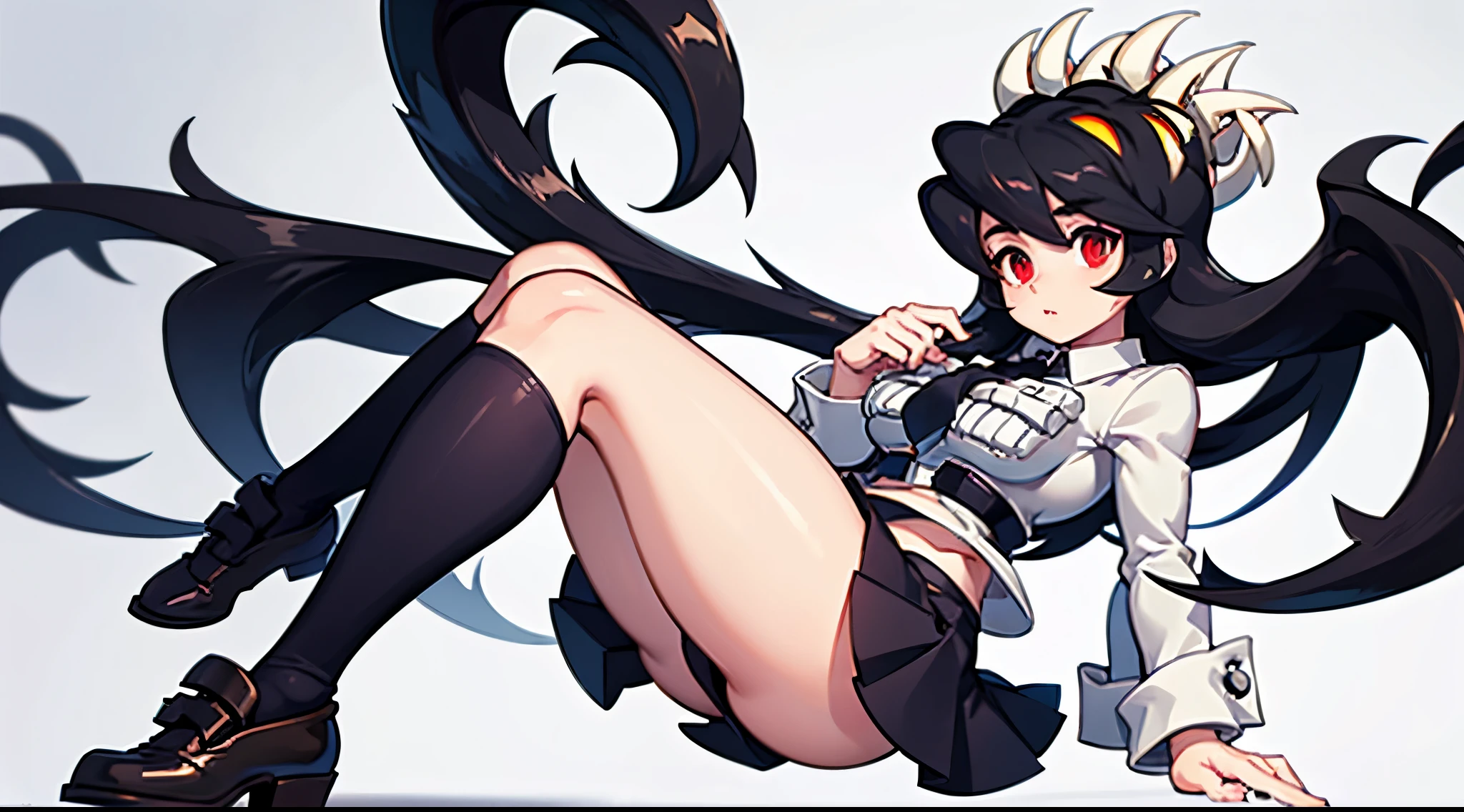 Filia, black hair, detailed eyes, black pupils, white shirt, black tiny tie, black skirt, black socks, brown shoes, white panties, huge boobs, tiny waist, large ass, large thighs, big cheeks,