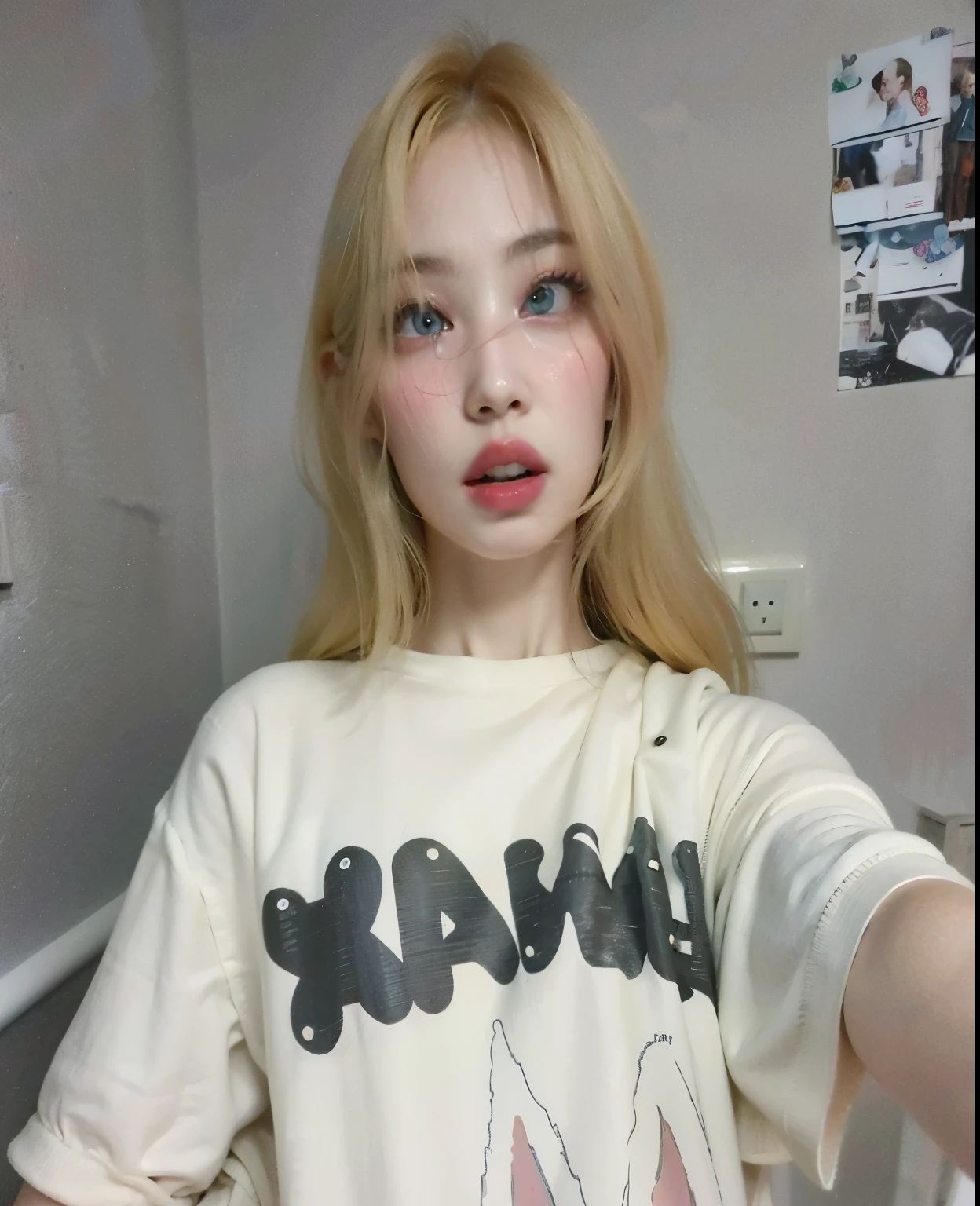 mujer rubia con ojos azules y una camisa blanca con un conejito rosa, cabello rubio muy, very pale, Ava Max, pale fair skin!!, extremely pale blond hair, cabello rubio y ojos grandes, very piel blanca muy, very pale, Su cabello es blanco, piel blanca muy, very pale, Cabello largo y rubio y ojos grandes, Blanqueado, pale, shiny skin