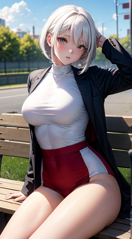 Beautuful Women White hair bob female high-school student エロ tall B Cup Constriction Wearing a red track and field uniform Stay outside teats Sitting on a bench with legs open