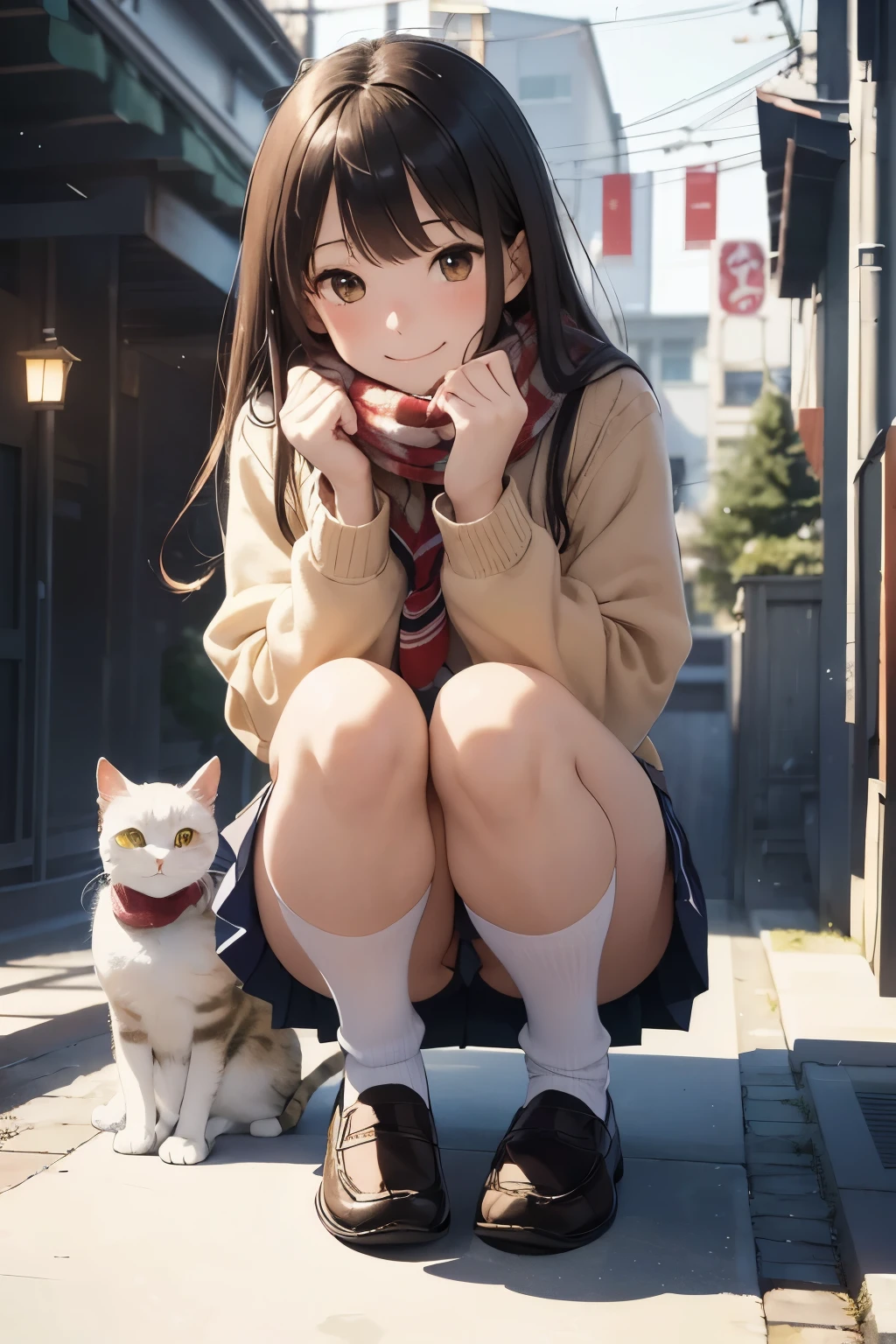 (masterpiece), (best quality), ultra-detailed illustration,beautiful artwork,1girl,solo,Japanese high school girl,(school uniform),(loose socks),MINI SKIRT,(white leg warmer),big smile,(looking at the cat),winter,light leaks,leaning forward,from below,(bokeh),Scarf,(loafer shoes),(brown eyes),squatting,