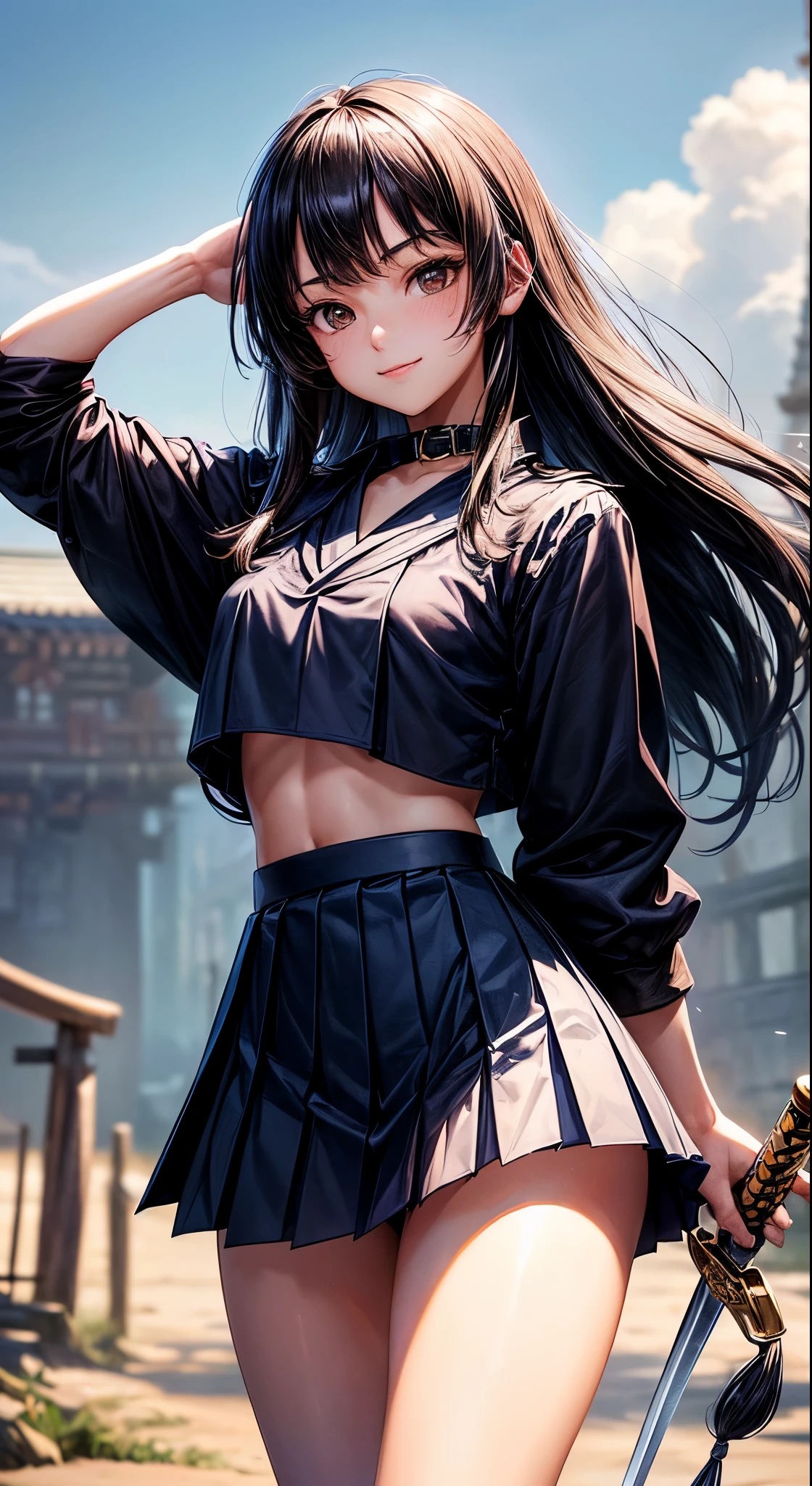 (Official art、Best Quality、Unity 8k Wallpapers、32K、 masterpiece、ultra-detailliert、High resolution,Perfect Anatomy),(natural soft light:1.2),Detailed beautiful face and eyes,cowboy shot,(focus 1woman,solo),25-year-old beauty、japanes,swordsmen、 (black hair,long hair,blunt bangs,black eyes),a smile,(smaller head:1.3,ideal ratio body proportions:1.3,skinny:.1.2,tiny breasts),(navy blue collar:1.3,Navy pleated mini skirt:1.3)、carry a Japanese sword、precisely drawn sword、Combat boots、steam  punk:1.2,