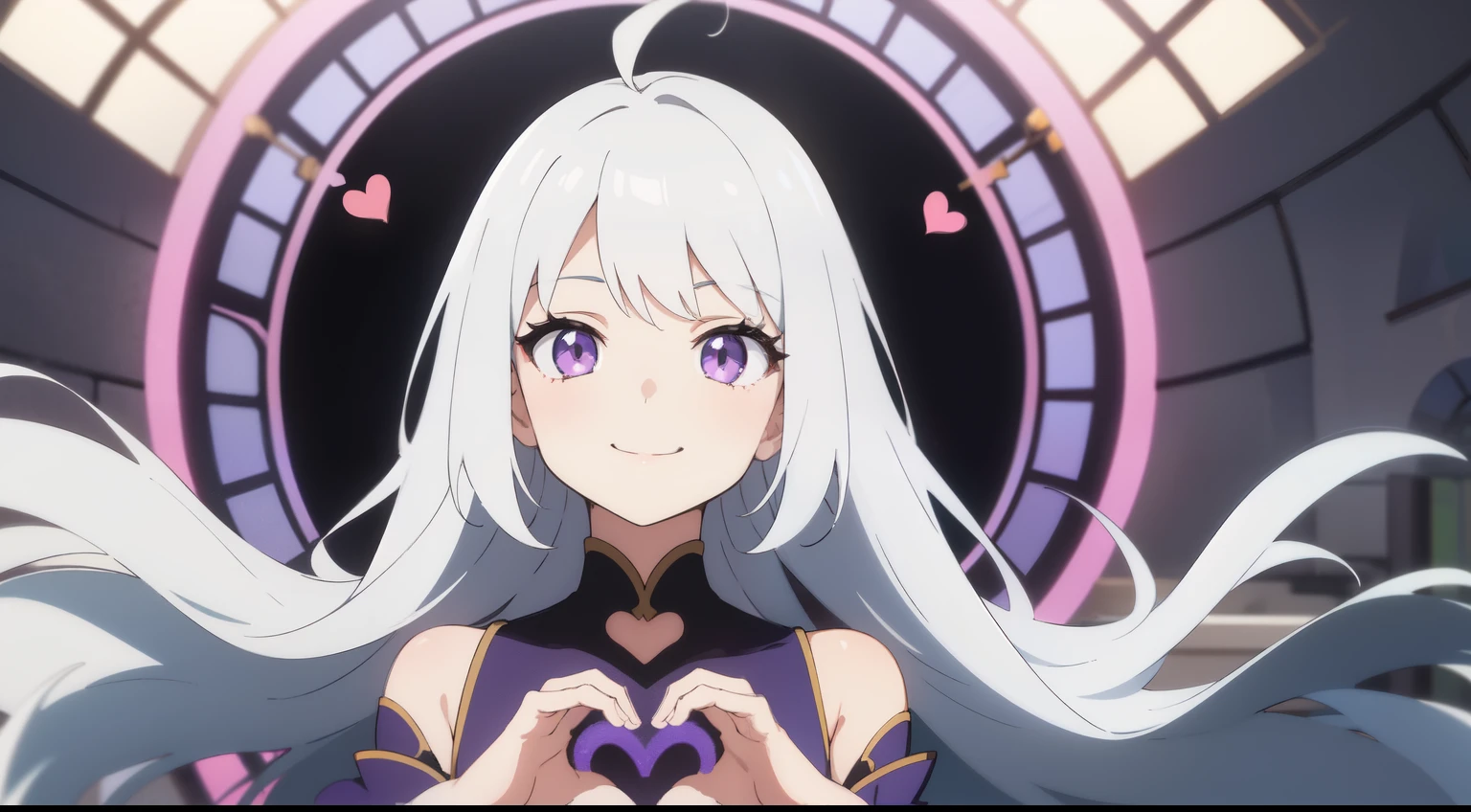 A girl with a beautiful smile, photo taken from afar, white hair, making a heart with her hands, bright violet eyes like anime, 2D anime