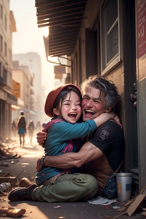 close_up of Laughing face, beggar hug on city ruins, street, refugee, rags, war over, end war, intricate, (masterpiece, Representative work, official art, Professional, unity 8k wallpaper:1.3)