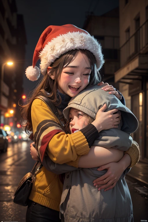close_up of Laughing face, beggar hug on city ruins, street, refugee, rags, war, Christmas decorations, intricate, (masterpiece, Representative work, official art, Professional, unity 8k wallpaper:1.3)