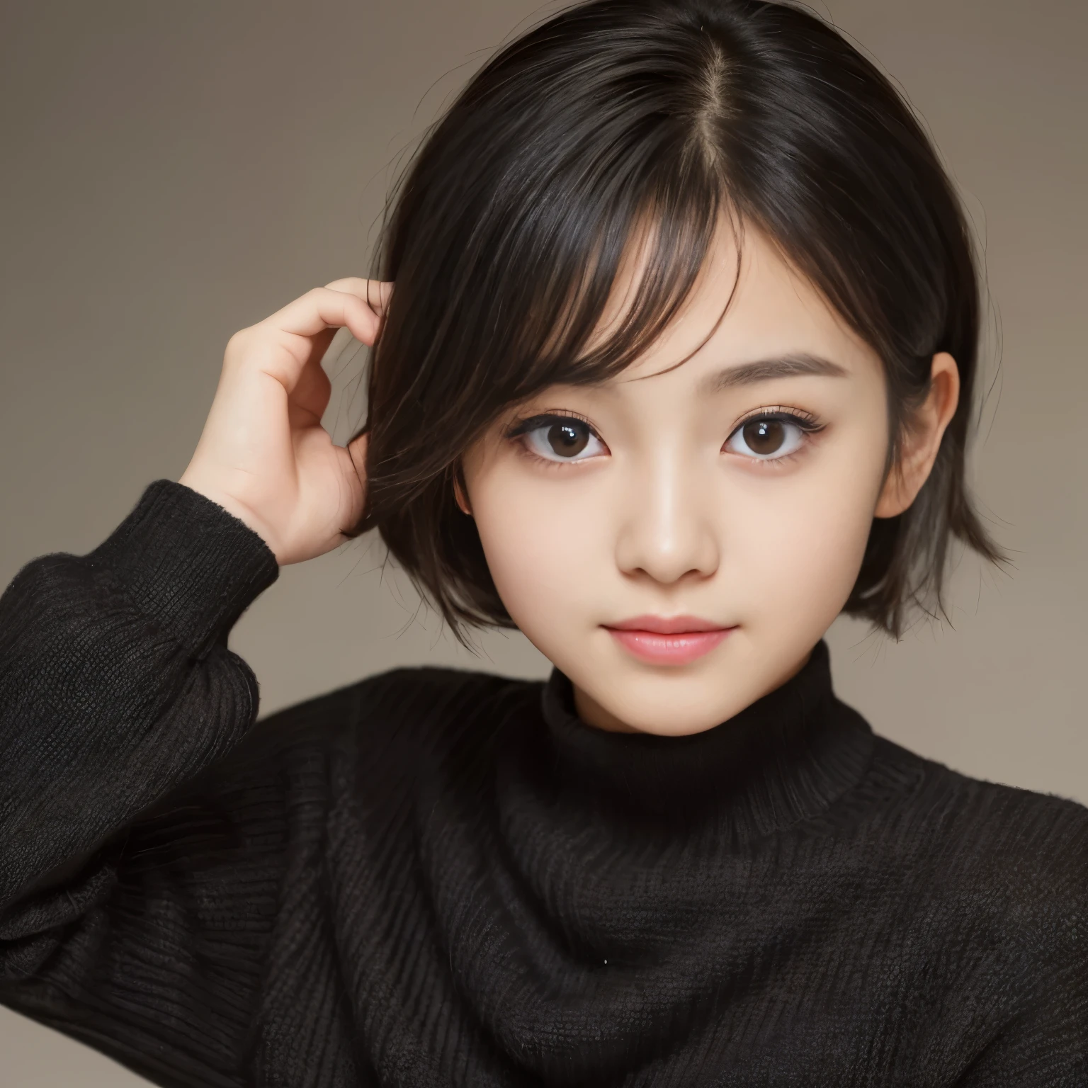 ((Best-quality, Masterpiece, Ultra-High-Resolution, (Photorealistic:1.4), Raw-Photo, Extremely-Details, Perfect-Anatomy)), 1girls, 16-years-old, the most popular Japanese-actress, innocent smile, (((((extremely cute and childish face like a most famous Japanese-actress, extremely beautiful big-black-solid-eyes))))), extremely beautiful black-short-cut-haired, extremely beautiful lips, extremely beautiful long-eyelashes, extremely beautiful realistic-skins, wearing only loose-sweater
