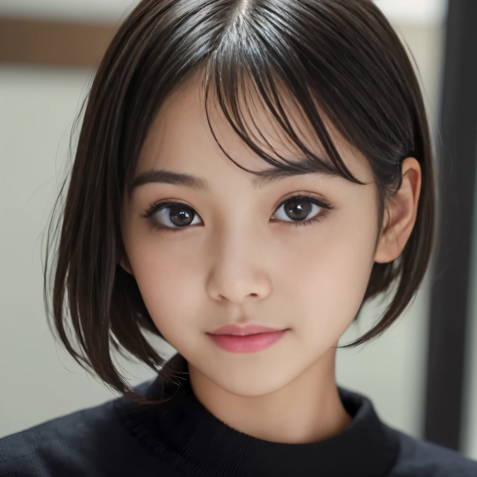 ((Best-quality, Masterpiece, Ultra-High-Resolution, (Photorealistic:1.4), Raw-Photo, Extremely-Details, Perfect-Anatomy)), 1girls, 16-years-old, the most popular Japanese-actress, innocent smile, (((((extremely cute and childish face like a most famous Japanese-actress, extremely beautiful big-black-solid-eyes))))), extremely beautiful black-short-cut-haired, extremely beautiful lips, extremely beautiful long-eyelashes, extremely beautiful realistic-skins, wearing only loose-sweater