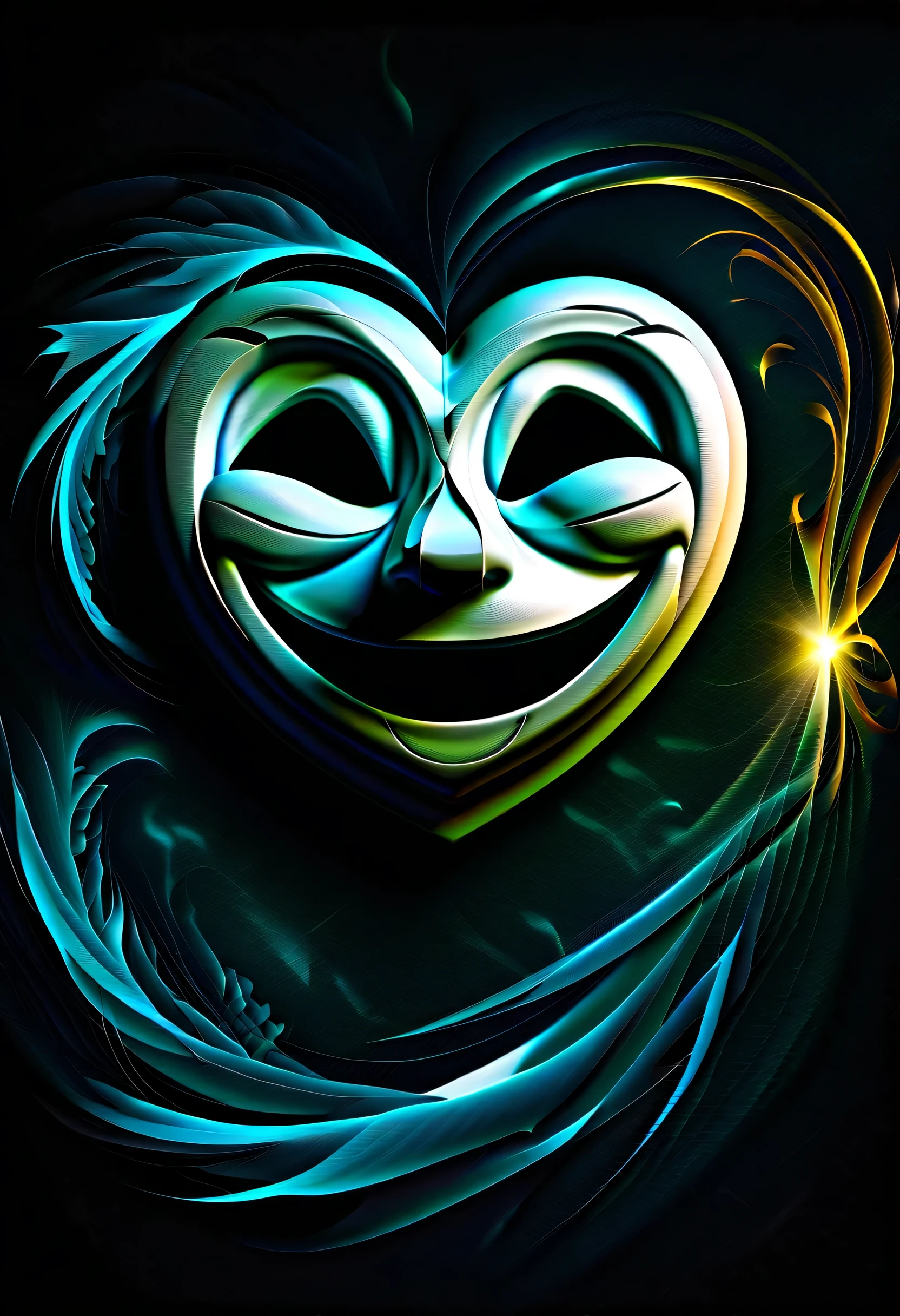 ( shadow smile:1.3), Double exposure effect, dark rich color palette, ceremonial painting, secret heart in the background, tarot frame, glow edging, darkest landscape, digital matrix realism, Digital painting with intricate details, 2.5D, beautiful fantasy, ighly detailed, Realistic, Cinematic Angle, freezing motion wind blowing, All captured with sharp focus, Render in astonishing 32K resolution, Best Quality, of the highest quality, absurd detail rendering,