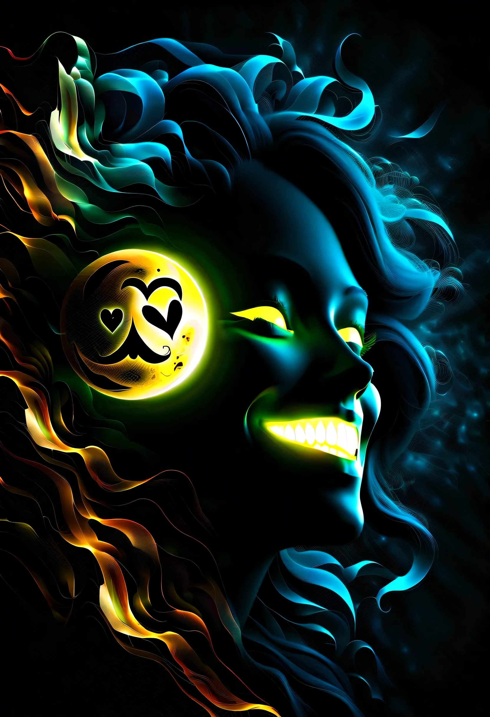 ( shadow smile:1.3), Double exposure effect, dark rich color palette, ceremonial painting, secret heart in the background, tarot frame, glow edging, darkest landscape, digital matrix realism, Digital painting with intricate details, 2.5D, beautiful fantasy, ighly detailed, Realistic, Cinematic Angle, freezing motion wind blowing, All captured with sharp focus, Render in astonishing 32K resolution, Best Quality, of the highest quality, absurd detail rendering,