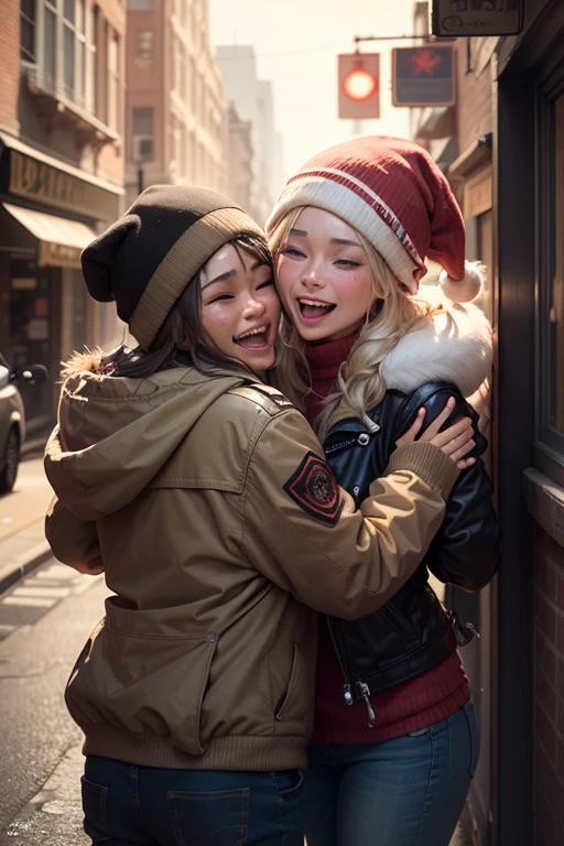close_up of Laughing face, beggar hug on city ruins, street, refugee, rags, war, Christmas decorations, intricate, (masterpiece, Representative work, official art, Professional, unity 8k wallpaper:1.3)