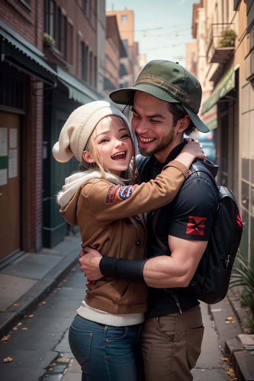 close_up of Laughing face, beggar hug on city ruins, street, refugee, rags, war, Christmas decorations, intricate, (masterpiece, Representative work, official art, Professional, unity 8k wallpaper:1.3)