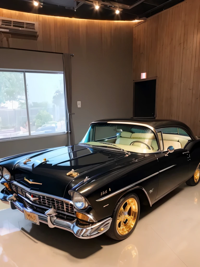 ((hightquality、hight resolution、​masterpiece、foco nítido、photographrealistic、Raw photography、lighting like a movie))、1959 Chevrolet Bel Air、star wheel、Wide wheel、metallic black color、headlight with light、Dark windows、Gold accents、gold trim、sunroof、side exhaust、Fire design on front hood、three-quarter front view