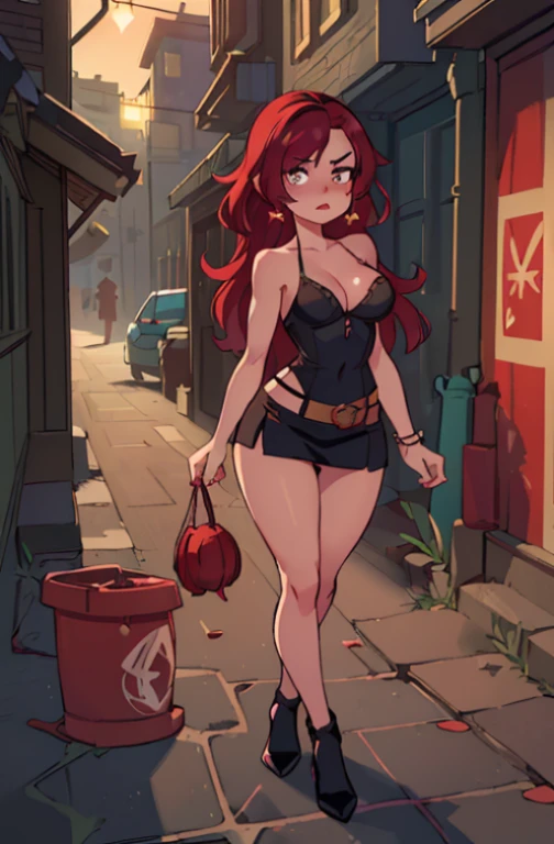 (a beautiful, attractive, mesmerizing) prostitute,(seductively) walking in an alley, (illuminated by dim streetlights), (with a mysterious aura), wearing a tight miniskirt (that accentuates her curves), a belt (emphasizing her waist), and (revealing) lingerie. Her (flawless, radiant) skin reflects the (subtle) glow from the lampposts, while her (intense, captivating) eyes (glimmer, shimmer) with (a hint of mischief). Her (luscious, pouty) lips (are painted with a rich red color), exuding sensuality. (The) alley is filled with (gritty, ) details, such as (graffiti-covered) walls, (cracked) pavement, and (flickering) trash cans. The (atmospheric, moody) lighting (casts intriguing shadows) against the walls. The (surrounding) buildings (tower) overhead, creating a (sense of confinement) and (mysterious atmosphere). The overall (color palette) is (dominated by) dark and (saturated) tones, with bursts of (vibrant) color highlighting certain elements. The (subtle, romantic) play of (light and shadow) adds depth and (emphasizes the) allure of the scene. The artwork should be of (best quality, 4k, 8k, highres, masterpiece:1.2), (ultra-detailed), (realistic, photorealistic, photo-realistic:1.37) style.