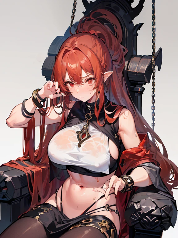 (Golden Ratio:1.2),[(grey background:1.4)::10],(masterpiece), (best quality), (ultra detailed),(disheveled hair),(illustration),(1girl:1.3),solo,(bronze skin:1.2),shiny skin,(sweating:1.4),(red hair:1.4),long braids,(red eyes),(huge breasts:1.2),(strong muscle:1.2)+(vest line:1.2),peach ass,thick thigh,(crop top:1.2)+(Silver Chain Bracelet Finger Cots:1.3)+(left hand_black silk gloove:1.2),(athletic body:1.2),(sittinging on the black stone throne :1.2)+(lava flowing to far away like a river:1.3)+[(Inception:1.2)],[(red flame in background:1.3)]+[(deep yellow fog:1.1)]