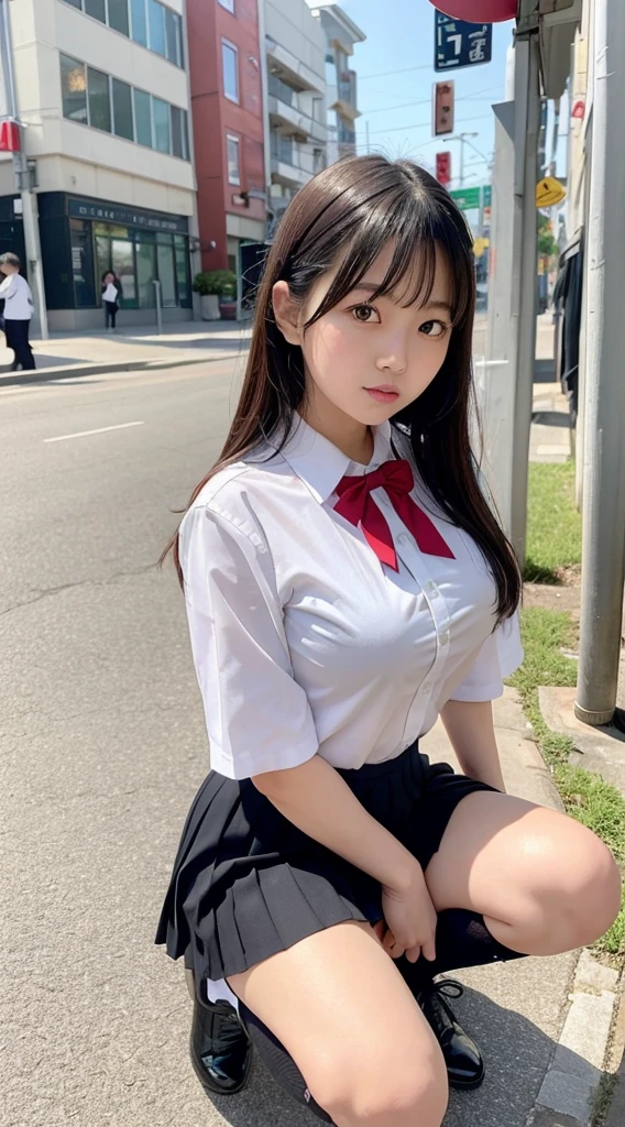 took a full body photo of a Japanese girl wearing a school uniform, Girl sitting and squatting with her legs spread, she was squatting on the sidewalk giving a sexy pose with a lewd face, she must have thic and sexy areolas, and black hair, her chest must be big. Please make her look like a typical Japanese school girl in a white blouse, Red bow, Black shoes, knee socks and a very short pleated skirt. captures the natural lighting of the scene with a bright, sunny ambiance. Make sure your photos look authentic、Capture the energy and charm of Japan schoolchildren in a busy environment
