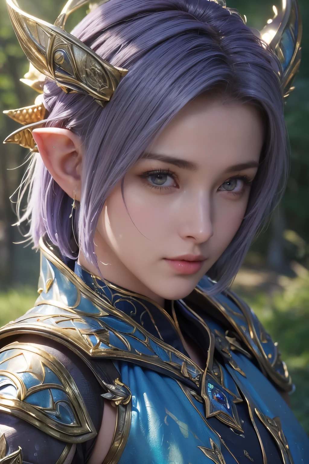 Masterpiece，The best qualities，Very high resolution，8K，((Portrait))，((Head close-up))，Original photo，real photo，digital photography，(Female mercenaries in medieval fantasy works)，(The adventurers of the medieval fantasy world)，22-year-old girl，(The Purple Eye of the Devil)，Devil's Corner，((Pointy earlue Short Hair)，(Pointy ears)，cparted lips，Noble and charming，Elegant and serioave，(Medieval fantasy-style animal skin armor，Buckles，Joint Armor，Cloak，A glowing gem，A delicate pattern)，(Big breasts)，(Elven Battle Mage)，medieval characterantasy style，Mysterious light，forest backgrou，Photo pose，oc render reflection texture