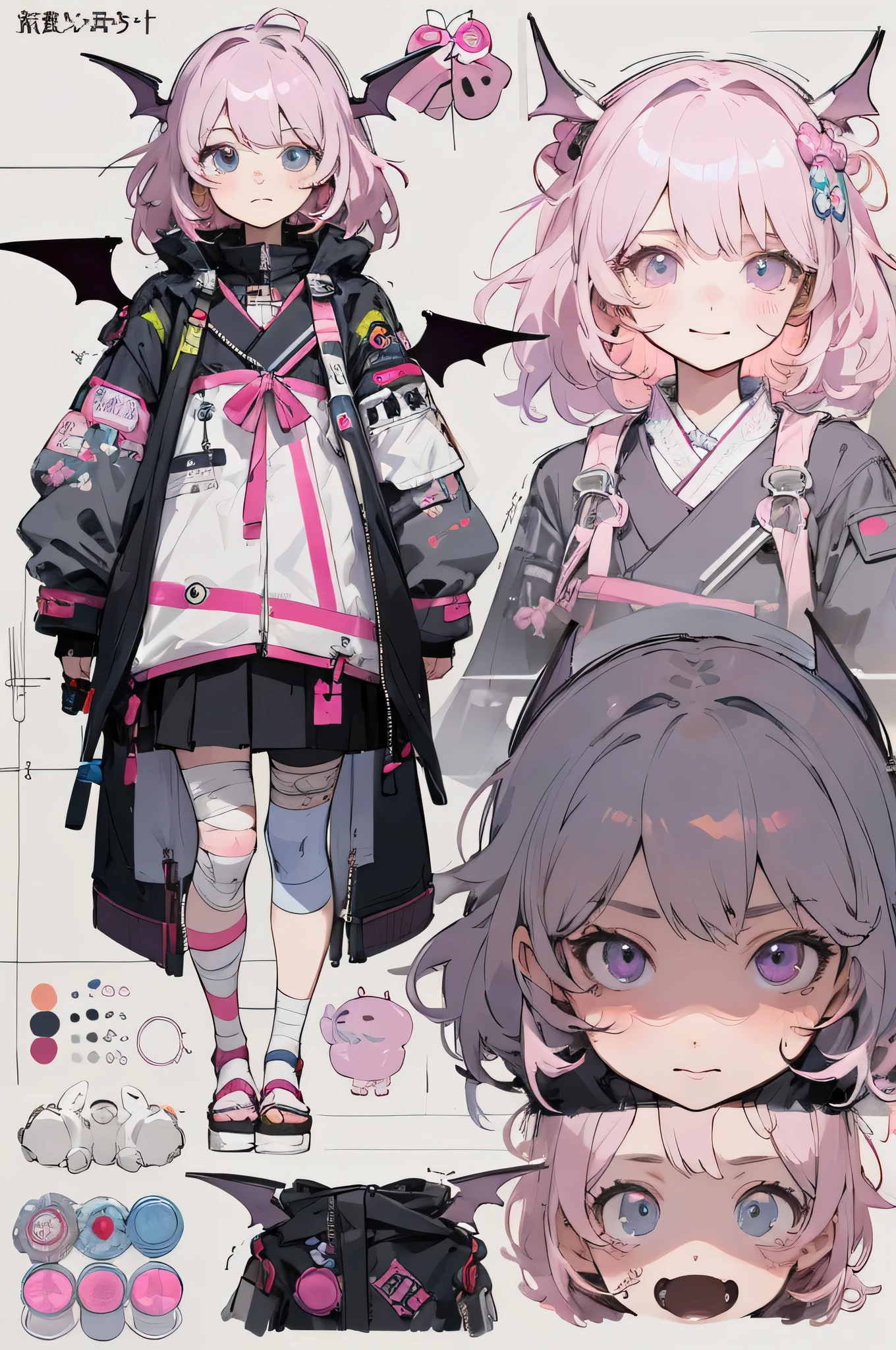 (((masterpiece))), best quality, expressive eyes, perfect face, pink bat girl with cute bat wings, kawaii, soft girl aesthetic, cute candy bandages and face deco, harajuku, japanese style, futuristic, big cropped jacket, lively pose, happy expression, immaculate character art, (reference sheet:1.3)