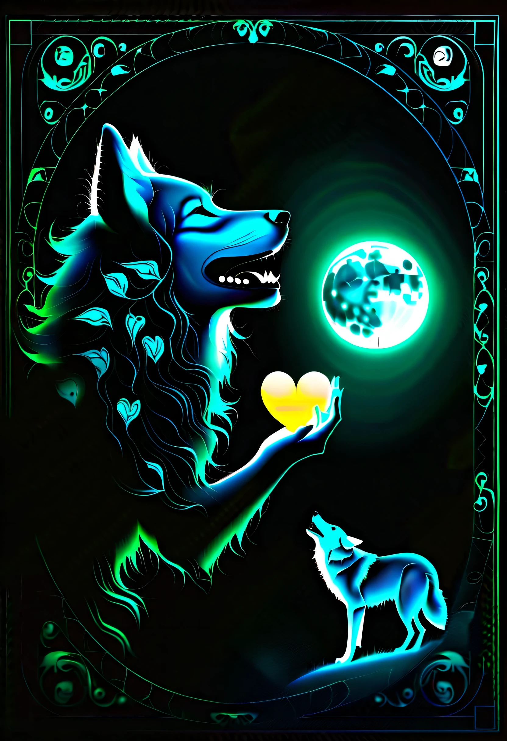 smiling woman silhouette, howl at moonwolf, Double exposure style, ceremonial painting, background secret heart, tarot frame, glow edging, darkest landscape, digital matrix realism, Digital painting with intricate details, 2.5D, beautiful fantasy, ighly detailed, Realistic, Cinematic Angle,
