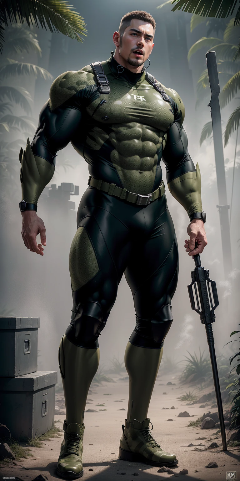 A tall, giant, muscular man with his mouth open and screaming.,Khaki camouflage uniform,character design(Resident Evil - Chris Redfield,Chris Redfield)Buzz Cut,Wearing a khaki camouflage wetsuit,Frosted grain texture,Regular symmetrical texture pattern,Standing in the gloomy cane jungle, The body is wrapped in thick rattan,expression sad,Deep and charming eyes,The male hero with emerald pupils,heroic masculine pose,Tall and burly,Muscular!Charming leg muscles,tall, Burly, and strong, Wearing a khaki camouflage wetsuit, Super gain and cool, commission for high resolution, Big feet in black boots,Charming strong man,Bright sunlight shines on the body,The texture of frosted particles is shiny