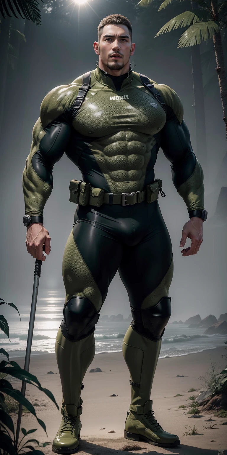 A tall, giant, muscular man with his mouth open and screaming.,Khaki camouflage uniform,character design(Resident Evil - Chris Redfield,Chris Redfield)Buzz Cut,Wearing a khaki camouflage wetsuit,Frosted grain texture,Regular symmetrical texture pattern,Standing in the gloomy cane jungle, The body is wrapped in thick rattan,expression sad,Deep and charming eyes,The male hero with emerald pupils,heroic masculine pose,Tall and burly,Muscular!Charming leg muscles,tall, Burly, and strong, Wearing a khaki camouflage wetsuit, Super gain and cool, commission for high resolution, Big feet in black boots,Charming strong man,Bright sunlight shines on the body,The texture of frosted particles is shiny
