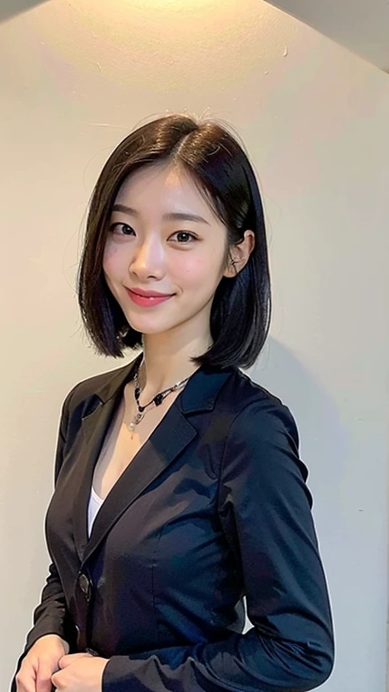 (Best Quality, 8K, 32K, masutepiece, nffsw:1.2),Photo of Pretty Japanese woman,(Detailed face:1.1),  Black Suit, Looking at Viewer,Upper body,Necklace,medium breasts,dress shirts,Smile、The whole body is shown、