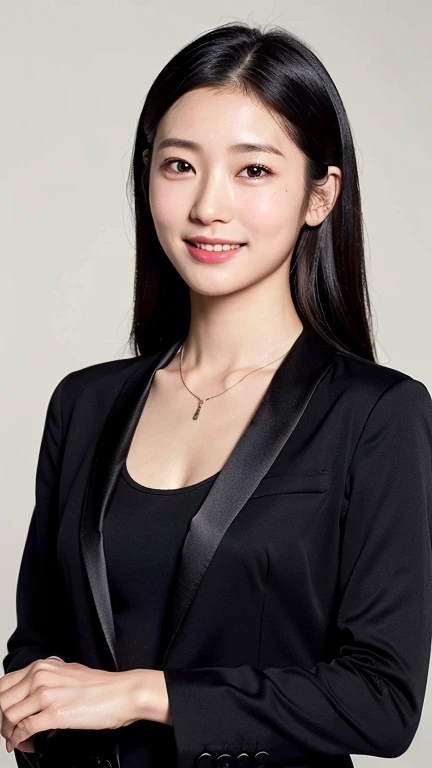 (Best Quality, 8K, 32K, masutepiece, nffsw:1.2),Photo of Pretty Japanese woman,(Detailed face:1.1),  Black Suit, Looking at Viewer,Upper body,Necklace,medium breasts,dress shirts,Smile、The whole body is shown、