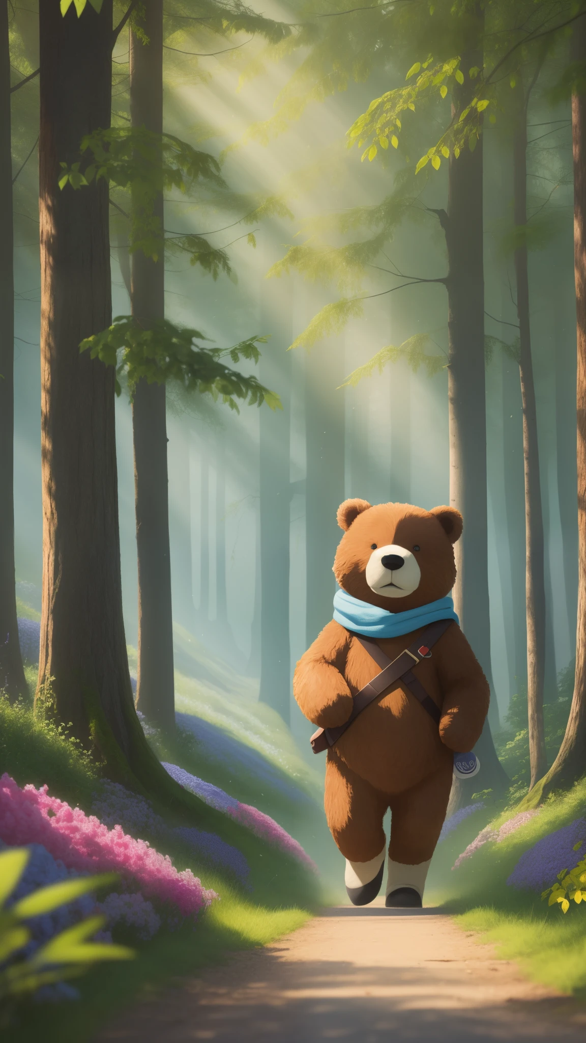 On a bright morning, with the sun shining, our main character, Little Bear Billy, stands by the edge of a beautiful forest, surrounded by lush green trees and colorful flowers. --auto --s2