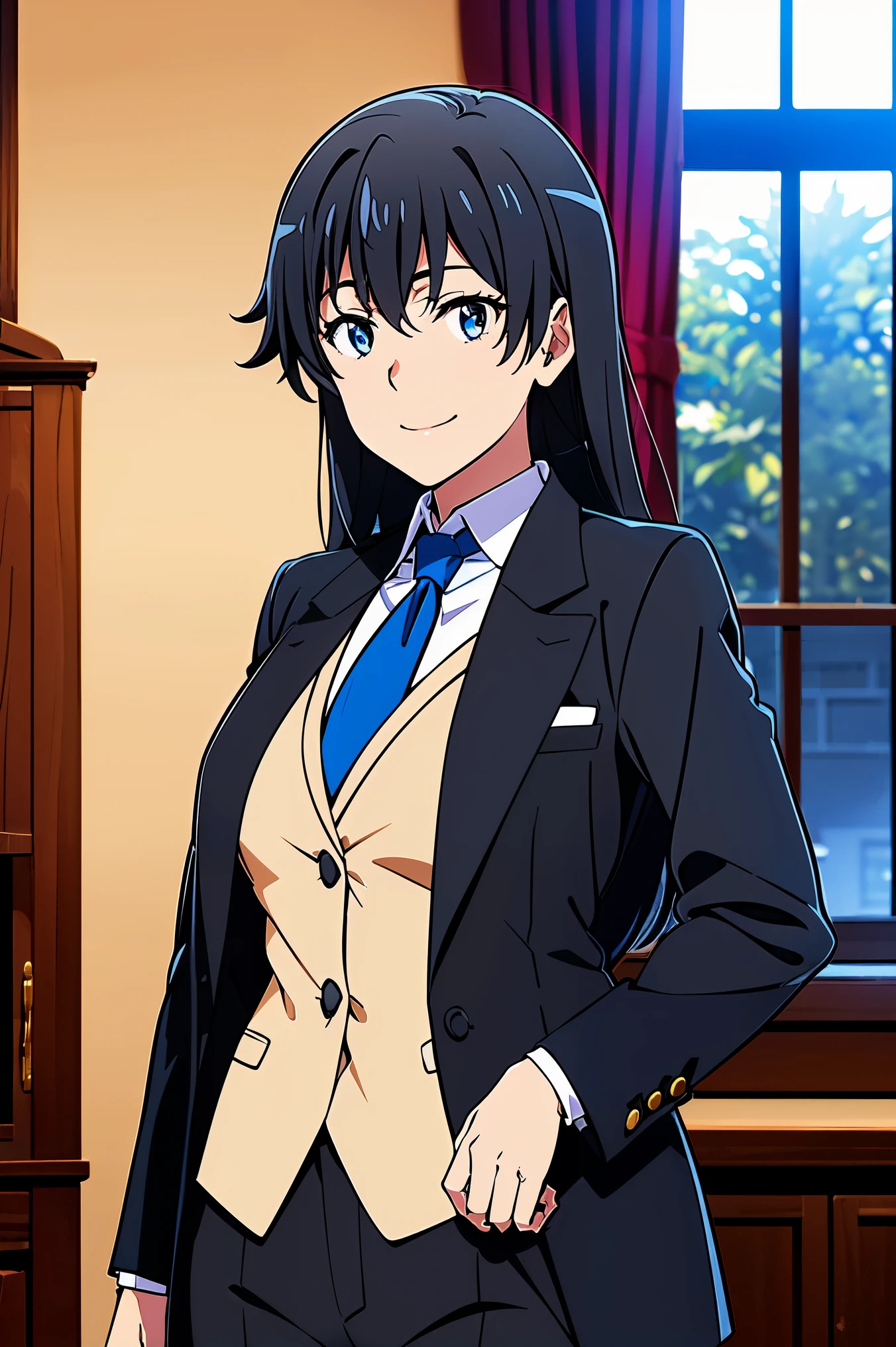 Yukinoshita yukino ,woman in formal attractive tailcoat standing in a large alcove in the room , 1girl, solo, blue necktie, black hair, blue eyes, long hair, smile , collared shirt, white pants, white shirt , tailored tailcoat elegant , standing in front of a window ,tailcoat tailored to perfection. Featuring striking Victorian theme and crafted from the lustrous fabric