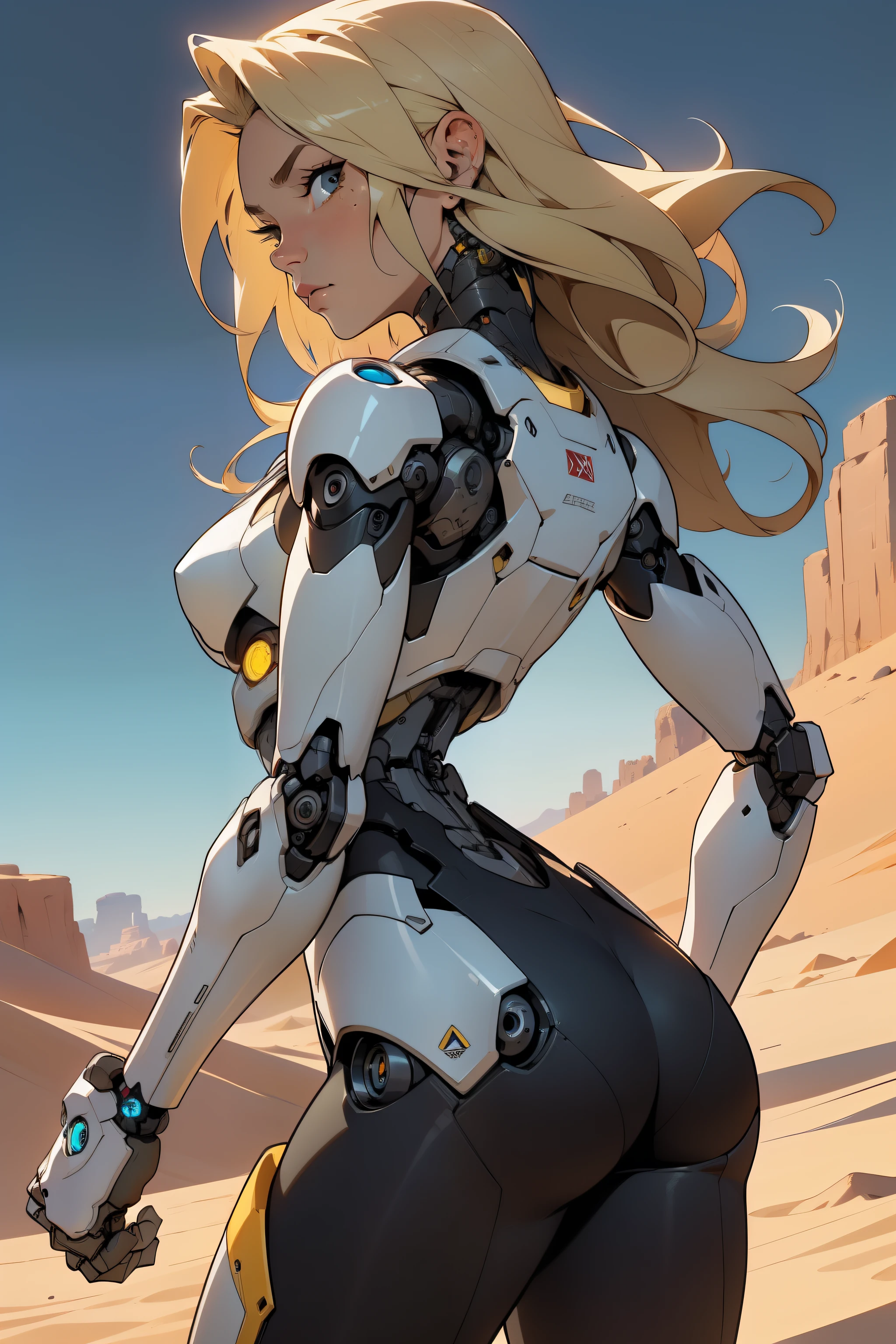 high quality, 4k, masterpiece, beautiful, cyborg girl, cowboy shot, dull eyes, back side, turning around to look at viewer, long blonde hair, girl, small breasts, fit thigh, robotic arms, robotic body, cyborg body, yellow accent, redaccent, intricate detail, joint, detailed lines, robotic detail, holding fist up, holding hand up as fist, color robotic parts, robotic parts with color, perfect fingers, on a desert planet, sunny background, colorful desert,