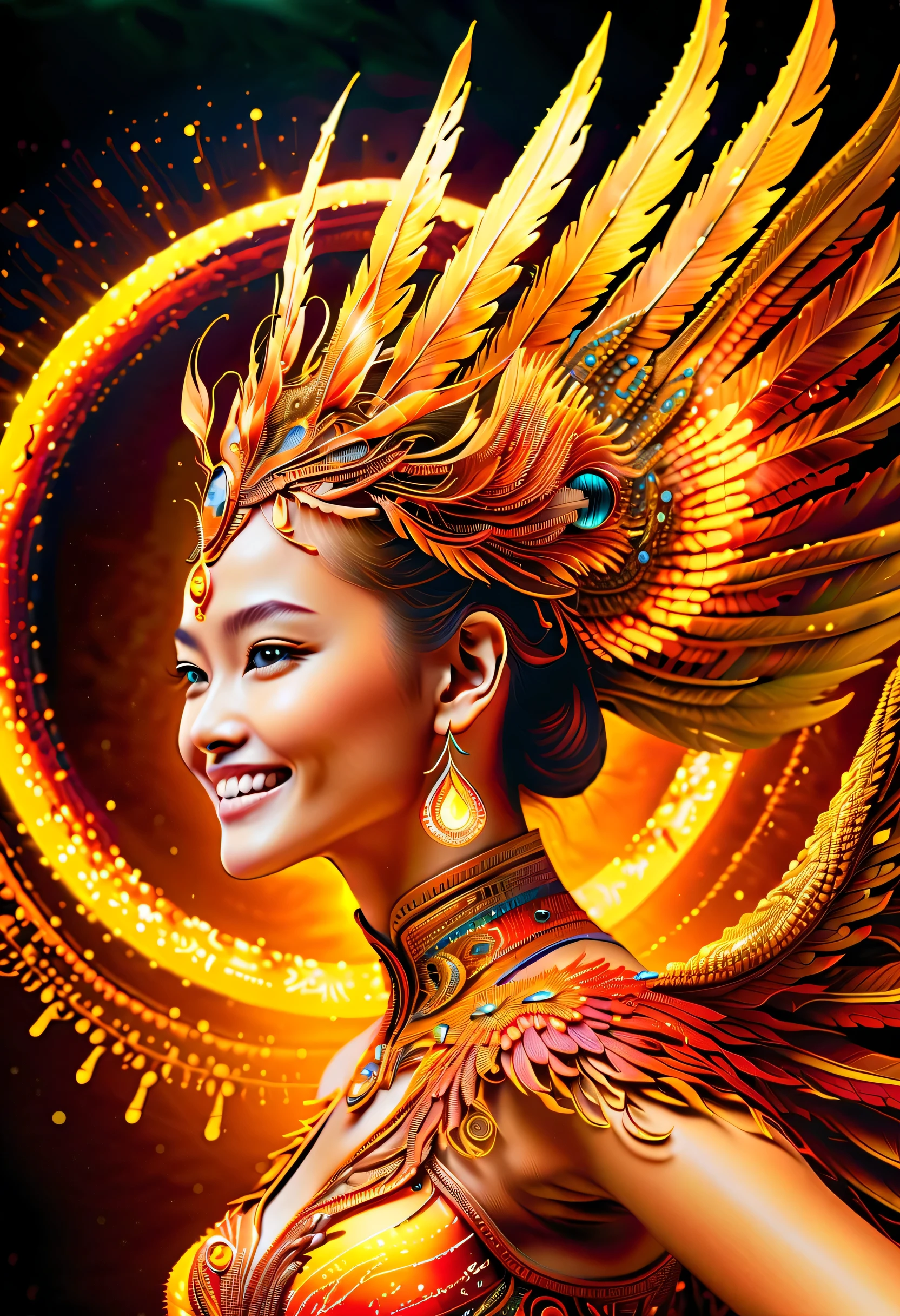 very detailed gouache painting, Golden sparkle shining phoenix and smile, On the wheel of reincarnation, sparks fly, With glitter effect coating, fusion of soul and soul, Digital matrix realism background, (intricate detailes:1.3), Focus Face, Intricately detailed and carefully renderedplex brushstrokes and vibrant, rich color palette:1.1),