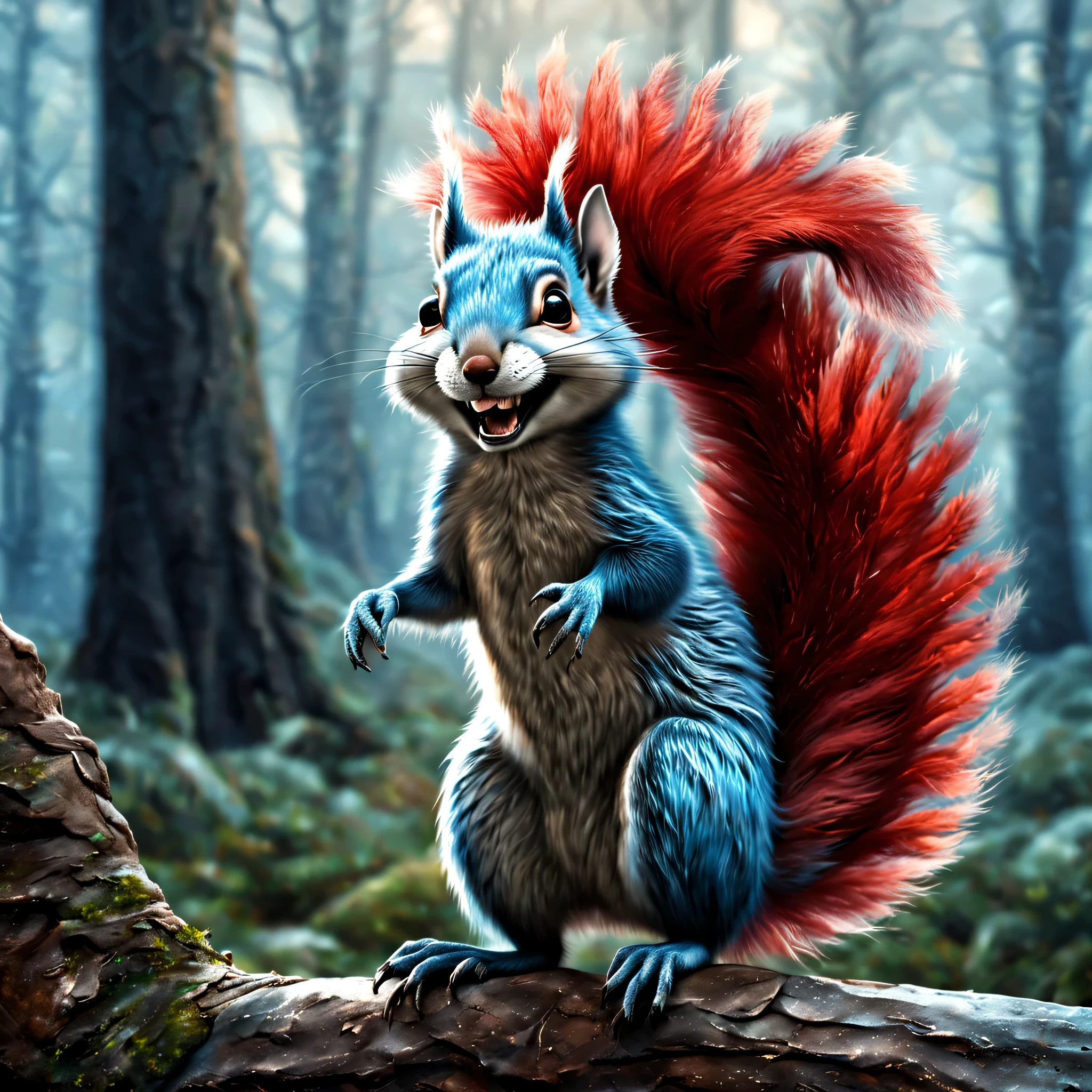 (Edwardgory style:1) Squirrel laughs hard, tall and fluffy, with skinny legs and thin arms, red fur with a blue tint, crazy eyes and crooked smile., the squirrel looks laughing, squirrel laughs, emotion - strong laughter, Against the backdrop of a winter forest, complete imitation of Edward Gorey&#39;style of