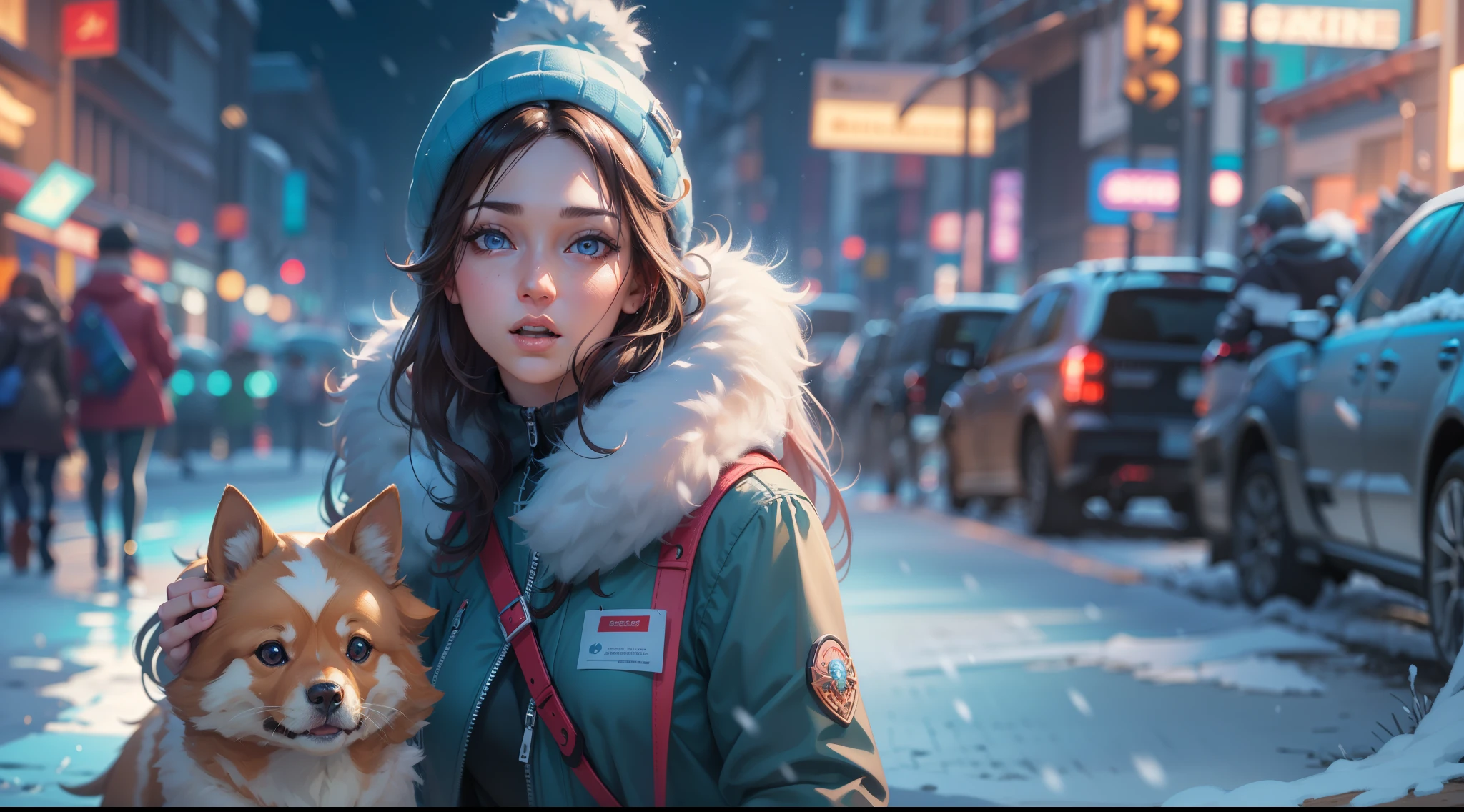 full body portrait of a photo realistic beautiful girl, 1 girl, facing forward, waifu, flowing hair, short modern winter clothing, big beautiful flirtateous open eyes, standing straight, cinematic lighting, winter snow holiday setting, highly detailed, digital painting, trending on artstation, pixiv, concept art, sharp focus, illustration, art by ross tran and wlop, Glowing eyes, Best quality, good lighting, large breasts with cleavage, seductive face, Masterpiece, highres,sharp focus,(ultra detailed,extremely detailed),(photorealistic artwork:1.37),(extremely detailed CG unity 8k wallpaper),(((vibrant colors,vibrant theme))),(intricate),(masterpiece),(best quality), girl is playing with a cute small dog