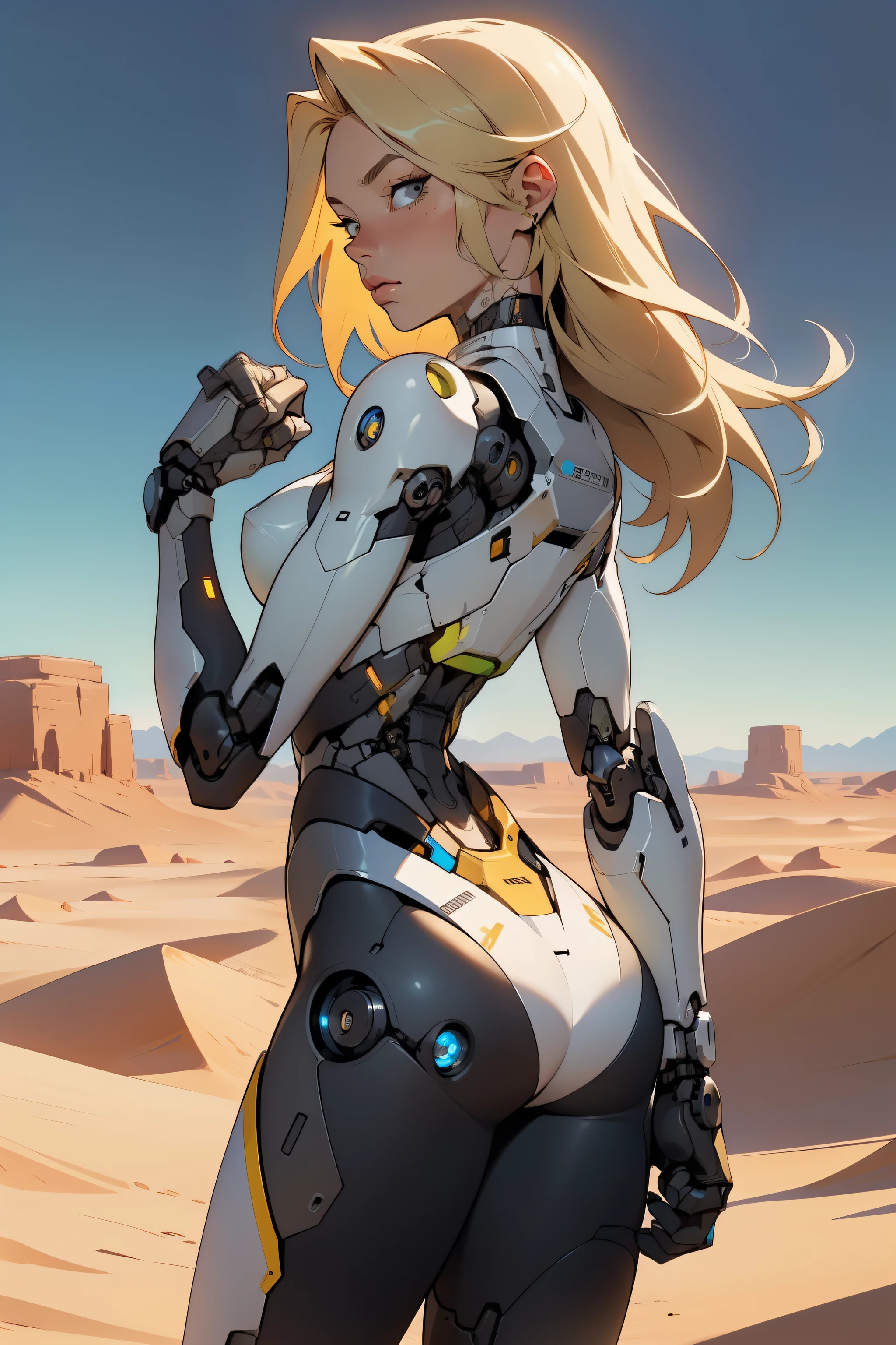 high quality, 4k, masterpiece, beautiful, cyborg girl, cowboy shot, dull eyes, back side, turning around to look at viewer, long blonde hair, girl, small breasts, fit thigh, robotic arms, robotic body, cyborg body, yellow accent, redaccent, intricate detail, joint, detailed lines, robotic detail, holding fist up, holding hand up as fist, color robotic parts, robotic parts with color, perfect fingers, on a desert planet, sunny background, colorful desert,