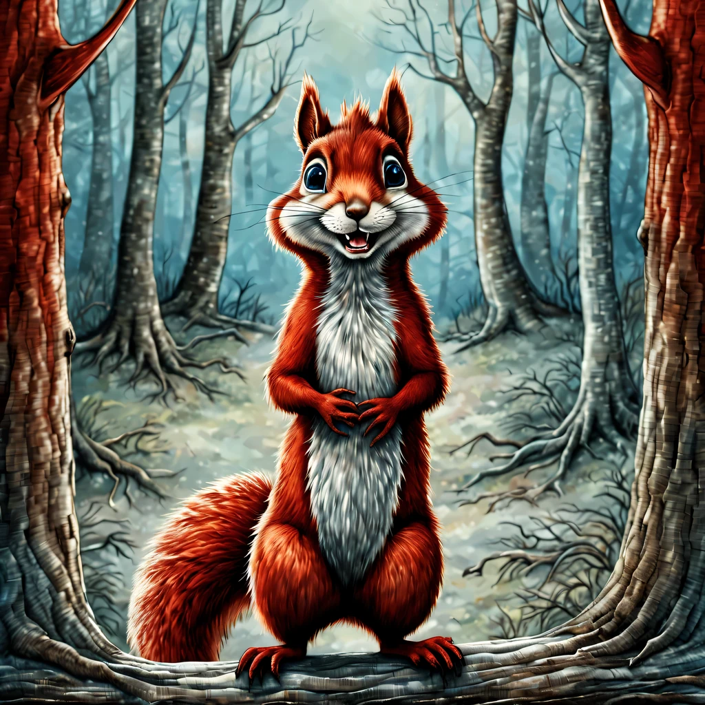 (Edwardgory style:1) Squirrel laughs hard, tall and fluffy, with skinny legs and thin arms, red fur with a blue tint, crazy eyes and crooked smile., the squirrel looks laughing, squirrel laughs, emotion - strong laughter, Against the backdrop of a winter forest, complete imitation of Edward Gorey&#39;style of