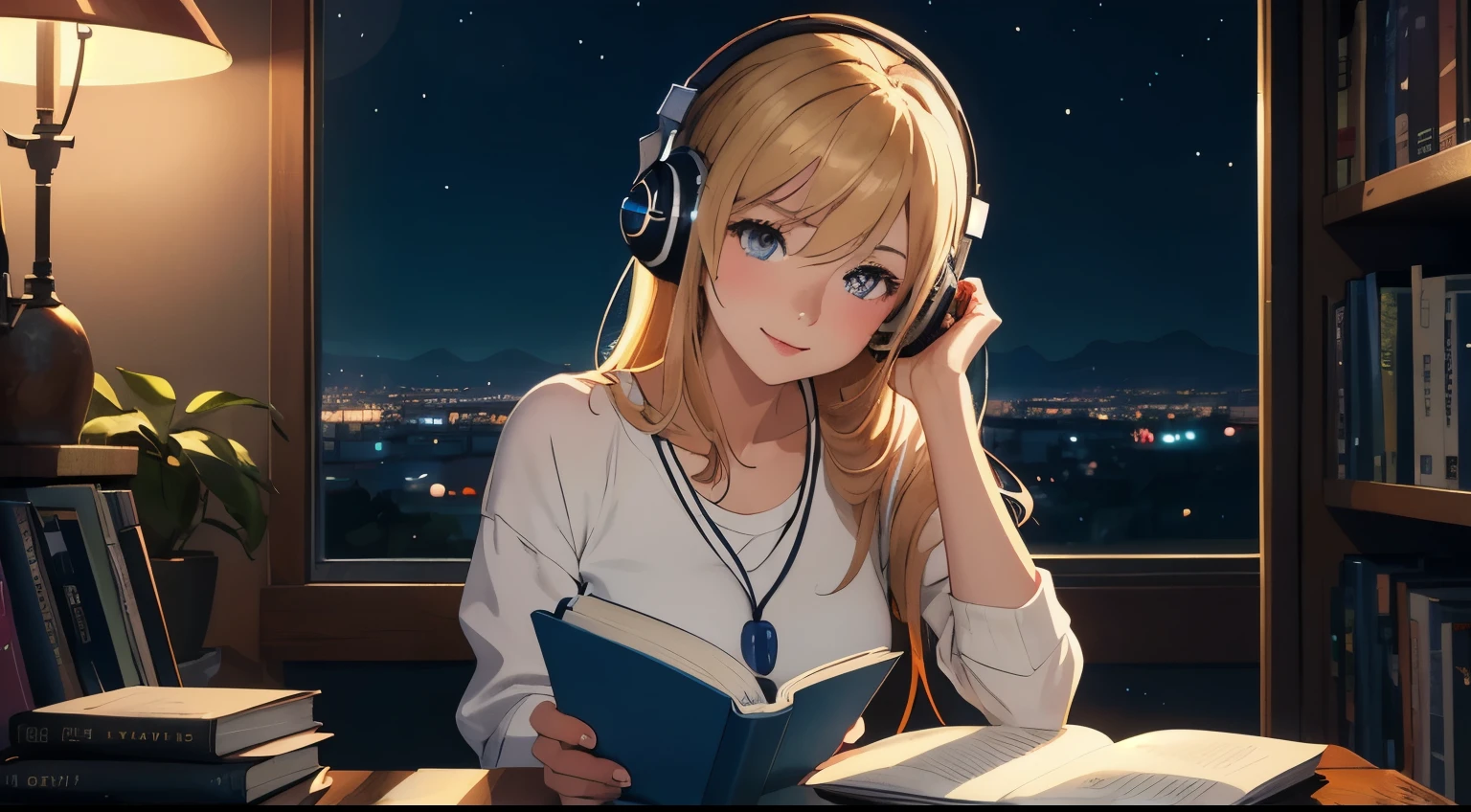 (best quality,masterpiece:1.2),detailed,perfect face,a girl reading a book,sitting in a library,with huge windows overlooking the night city,holding a book,2D anime style,illustration,soft lighting,vibrant colors,night,night peaceful atmosphere,cozy background,expressive eyes,warm smile,flowing hair,headphones on,bright-eyed,likeable character