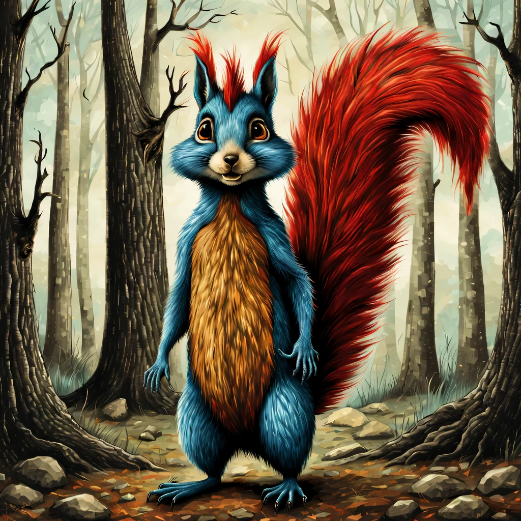 (Edwardgory style:1) Squirrel, tall and fluffy, with skinny legs and thin arms, red fur with a blue tint, crazy eyes and crooked smile., Squirrel выглядит смеющейся, Squirrel смеется, against the backdrop of a forest with dry trees, complete imitation of Edward Gorey&#39;s style