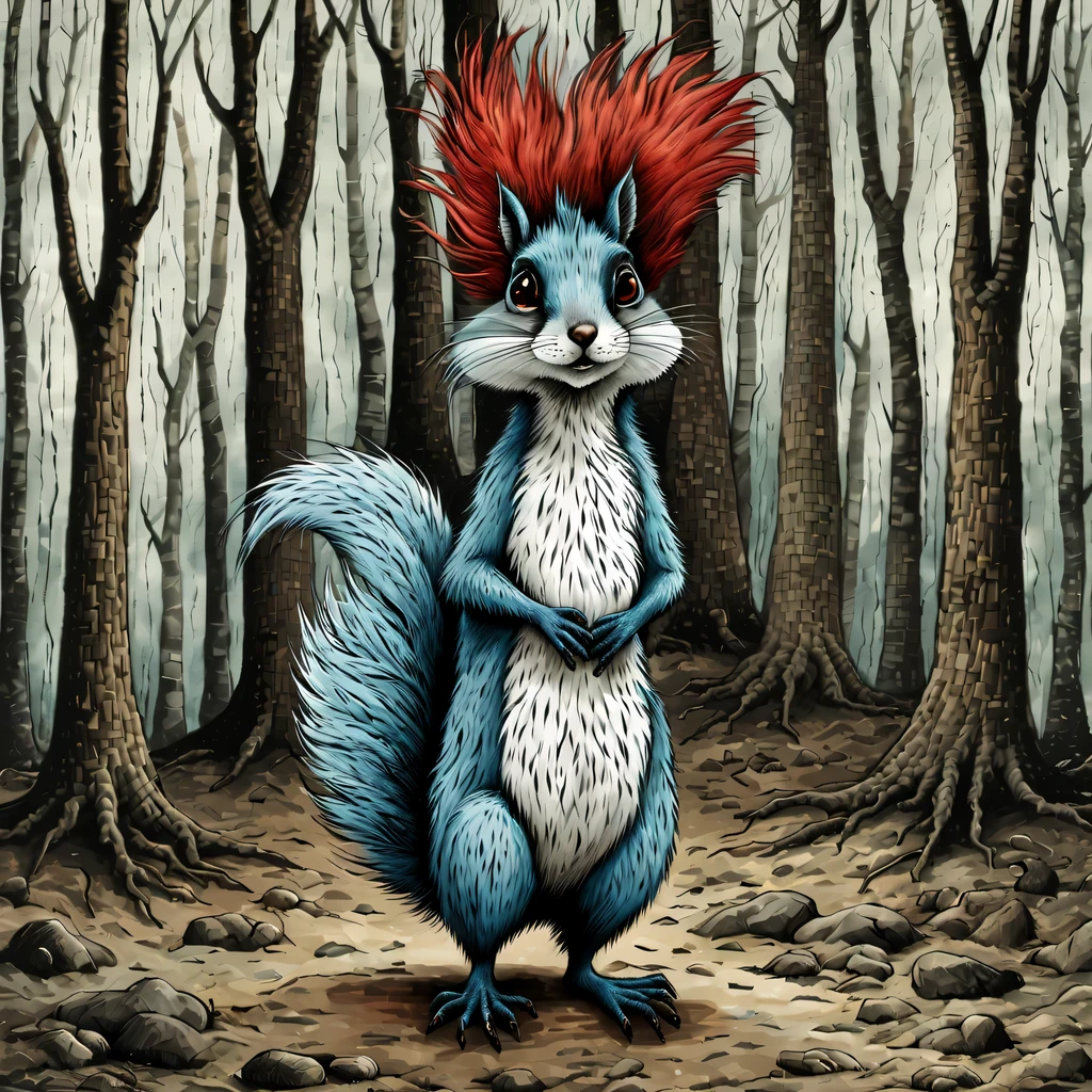 (Edwardgory style:1) Squirrel, tall and fluffy, with skinny legs and thin arms, red fur with a blue tint, crazy eyes and crooked smile., Squirrel выглядит смеющейся, Squirrel смеется, against the backdrop of a forest with dry trees, complete imitation of Edward Gorey&#39;s style