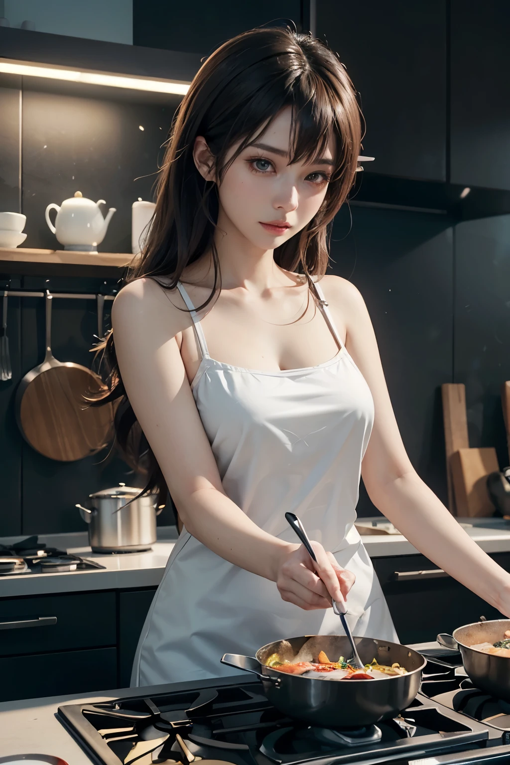 ((best quality)),a woman with long hair cooking in a kitchen, cgsociety 9, from the azur lane videogame, anime cgi, 2. 5 d cgi anime fantasy artwork, anime cgi style, japanese cgi, cooking, anime vfx, 3 d anime realistic, unreal engine render + a goddess, unreal engine 5 quality, unreal engine highly rendered, female anime character