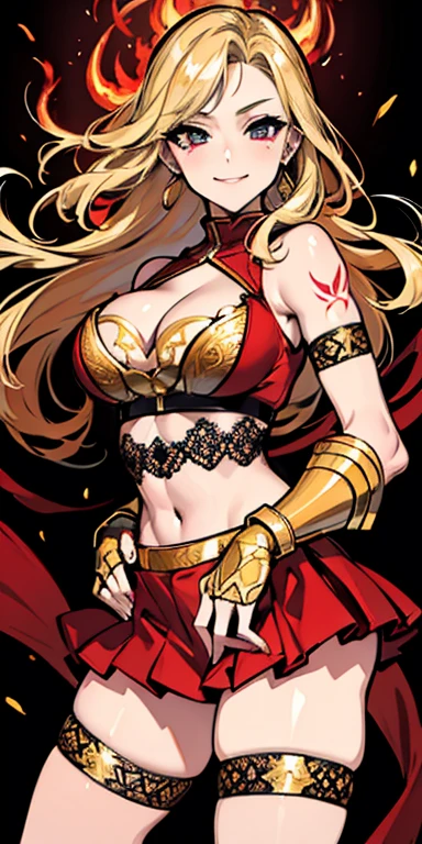 (masterpiece), best quality, expressive eyes, perfect face, gold and crimson armor, closed smile, athletic body, lace lingerie, exposed midriff, cleavage, fishnets, watercolor, fire background, tattoo