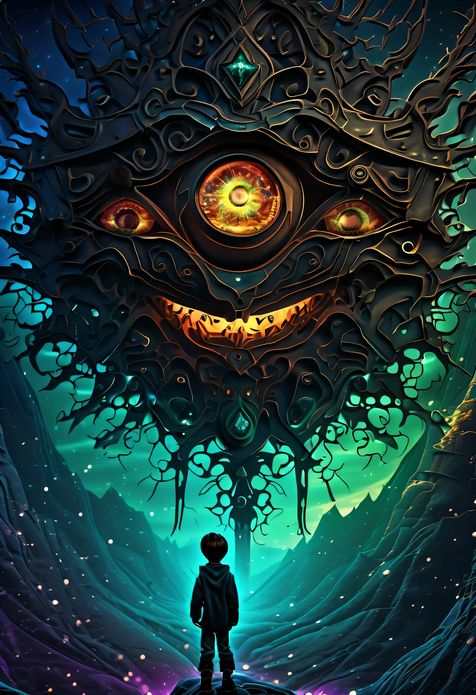 ( shadow smile:1.3), Double exposure effect, dark rich color palette, ceremonial painting, secret heart in the background, tarot frame, glow edging, darkest landscape, digital matrix realism, Digital painting with intricate details, 2.5D, beautiful fantasy, ighly detailed, Realistic, Cinematic Angle, freezing motion wind blowing, All captured with sharp focus, Render in astonishing 32K resolution, Best Quality, of the highest quality, absurd detail rendering,