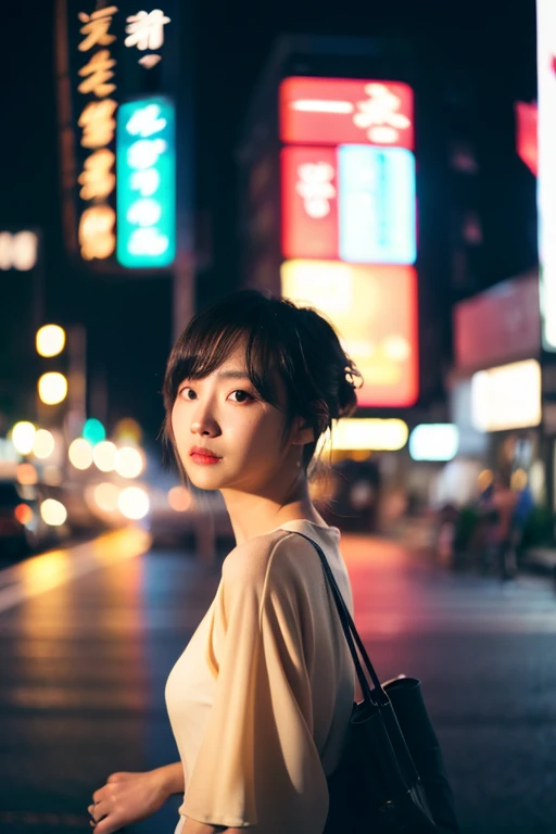 ((Best Quality)), ((masutepiece)), (Cinematic aesthetics:1.4) Beautiful Korean fashion model bokeh city night photo
