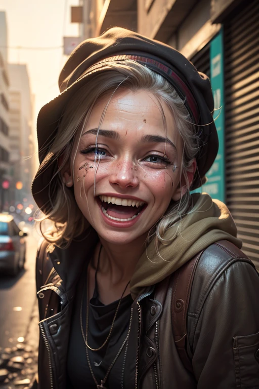 close_up of Laughing face, beggar on city ruins, street, refugee, rags, on war, intricate, (masterpiece, Representative work, official art, Professional, unity 8k wallpaper:1.3)