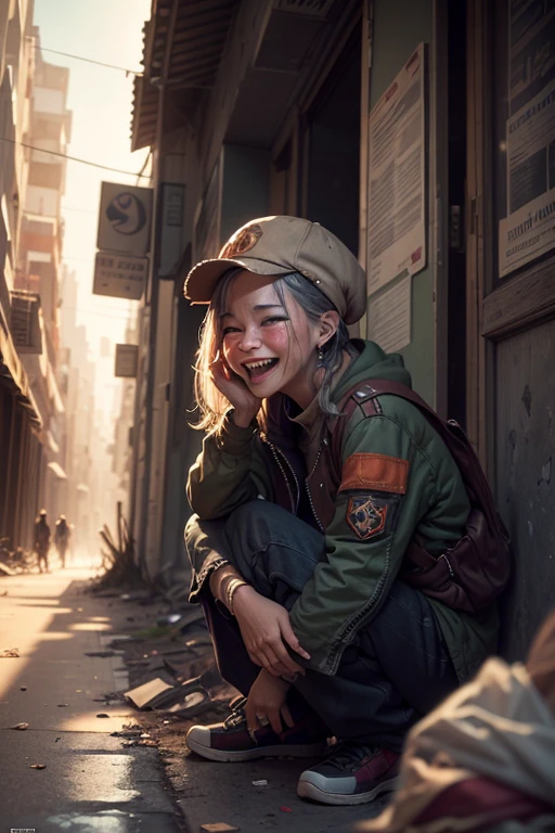 close_up of Laughing face, beggar on city ruins, street, refugee, rags, on war, intricate, (masterpiece, Representative work, official art, Professional, unity 8k wallpaper:1.3)