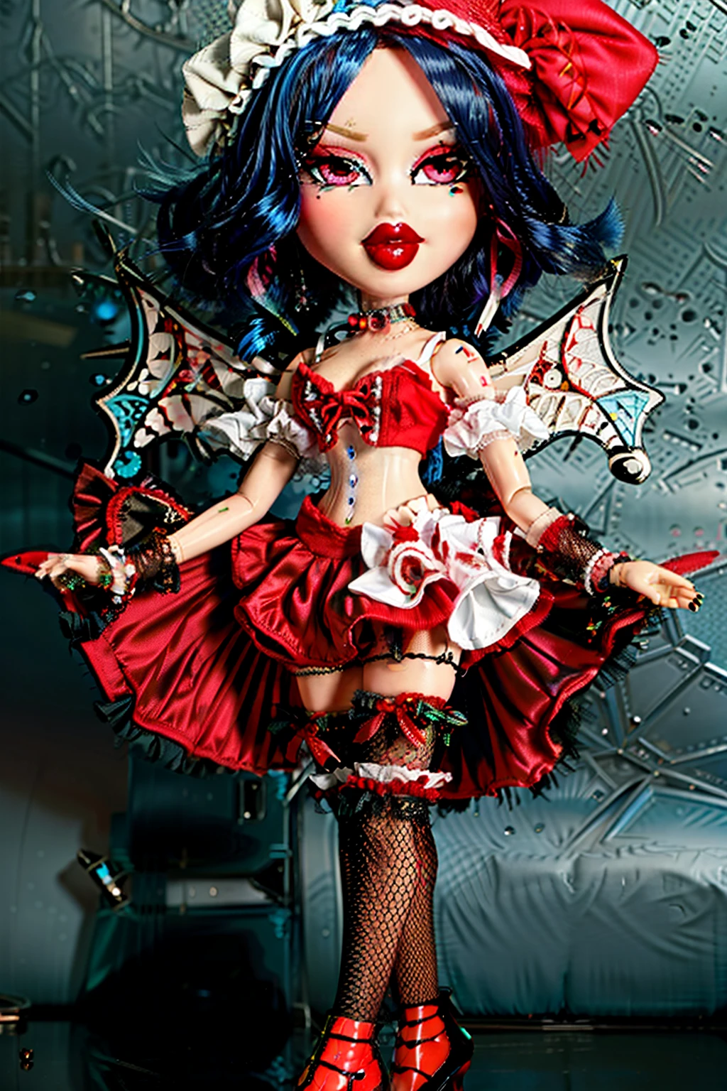 Bratz girl with detailed eyes and big lips and white hair , wearing versace colorful flowers dress , full body , plastic skin , doll joints , ,(masterpiece, top quality, best quality, beautiful and aesthetic:1.2), remilia_scarlet_touhou, doll, revealing clothes, big head, 1girl, solo, breasts, curvy, wide hips, narrow waist, joints, doll joints, cleavage, bursting breasts, huge breasts, lips, red_eyes, short_hair, bat_wings, wings, ribbon, hat, blue_hair, mob_cap, hair_between_eyes, hat_ribbon, bangs, smile, red_ribbon, midriff, full body, high heels, thighhighs